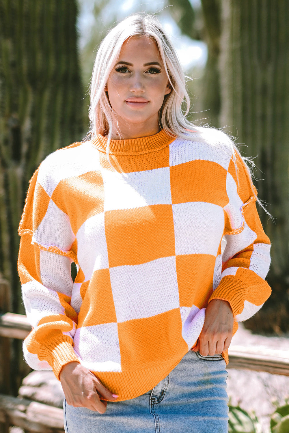 Threaded Pear Women's Ashley Checkered Bishop Sleeve Sweater