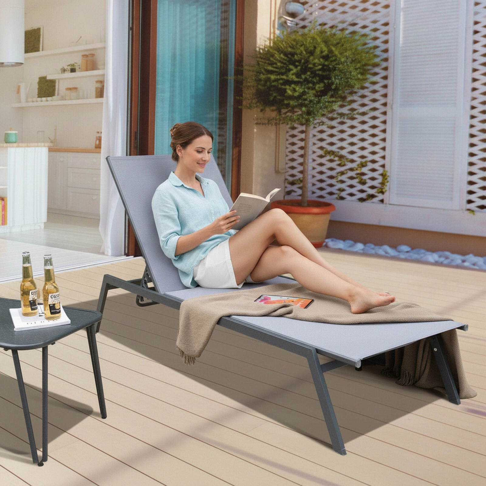 Outdoor Chaise Lounge Chair with 6-Position Backrest and Lay Flat Sunbathing Position Quick-Drying Fabric Steel Grey