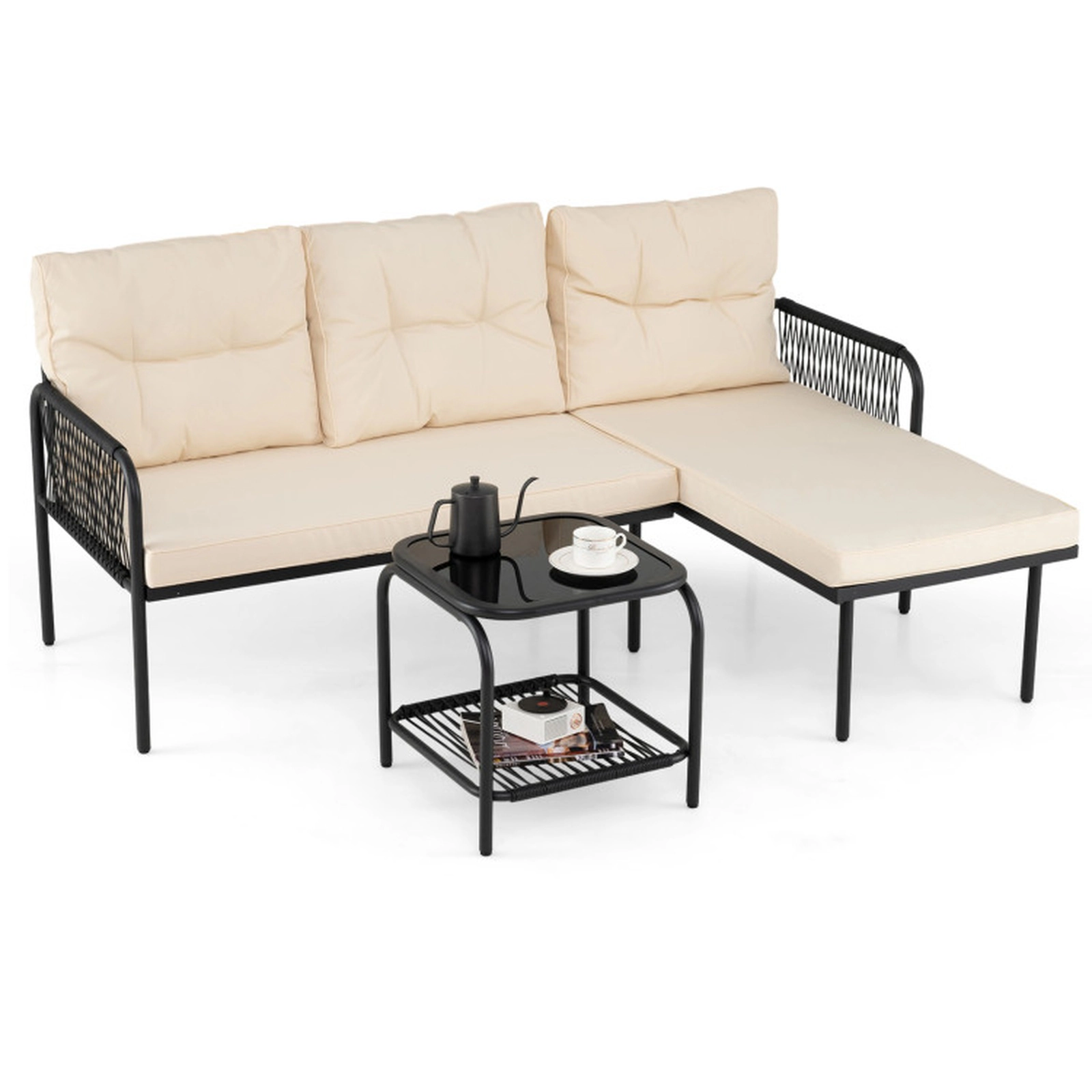 SUGIFT 3-Piece Beige L-Shaped Patio Sectional Set with Coffee Table 68-in W 48-in D 30-in H 660-lb Sofa Capacity