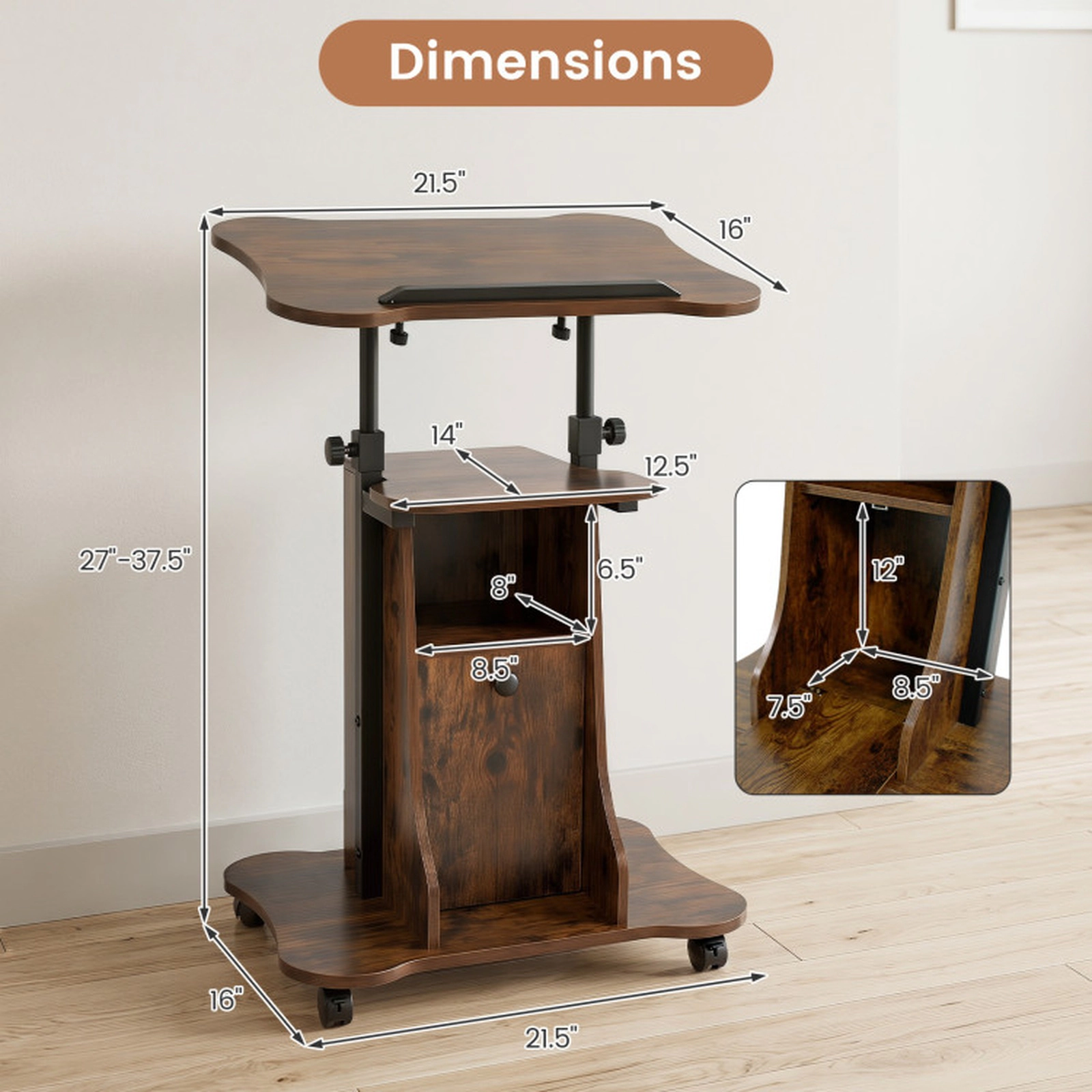 SUGIFT Mobile Standing Desk Cart Lectern with Tilt Desktop and Storage Cabinet 45-lb Capacity Rustic Brown