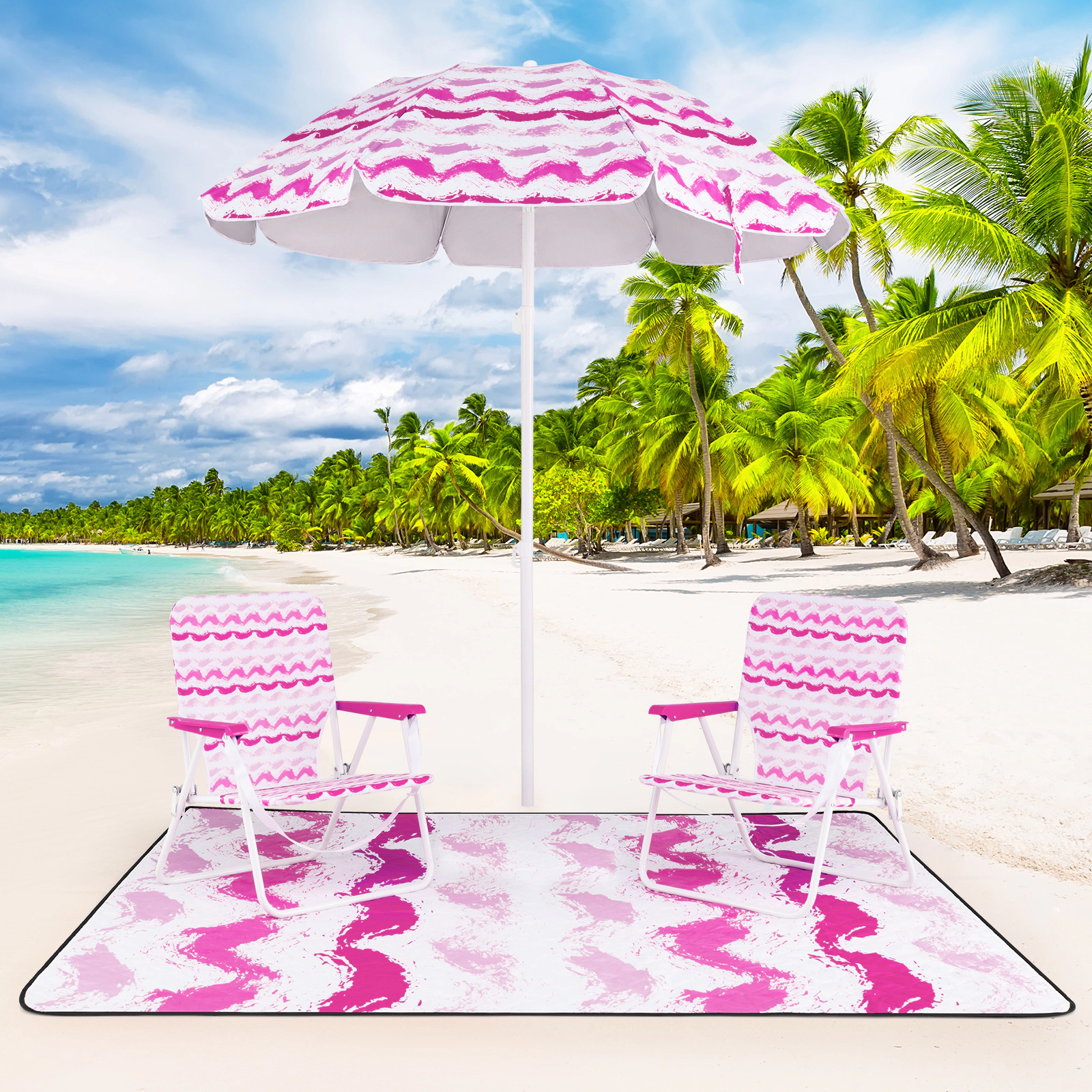 SUGIFT Pink 4-Piece Beach Set with 6.2-ft UPF 50+ Umbrella, 2 Folding Chairs and Picnic Blanket
