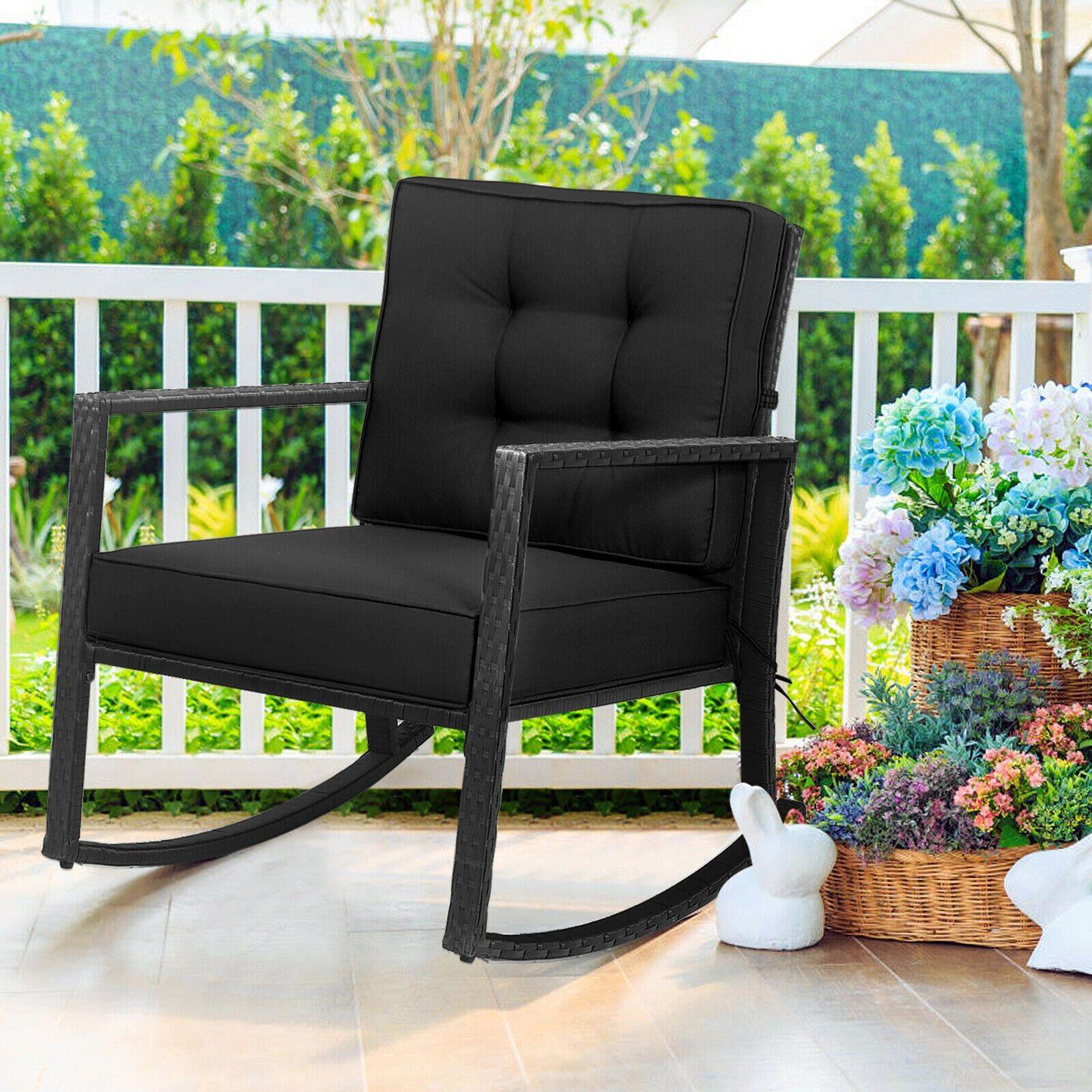 SUGIFT Black Rattan Outdoor Rocking Chair with 5-Inch Cushion