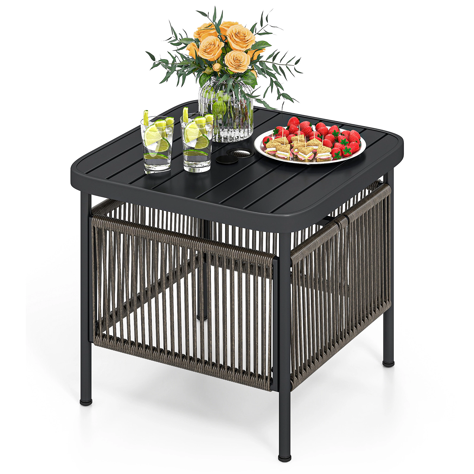 SUGIFT Outdoor Side Table Metal with Umbrella Hole and Lower Storage Shelf for Patio