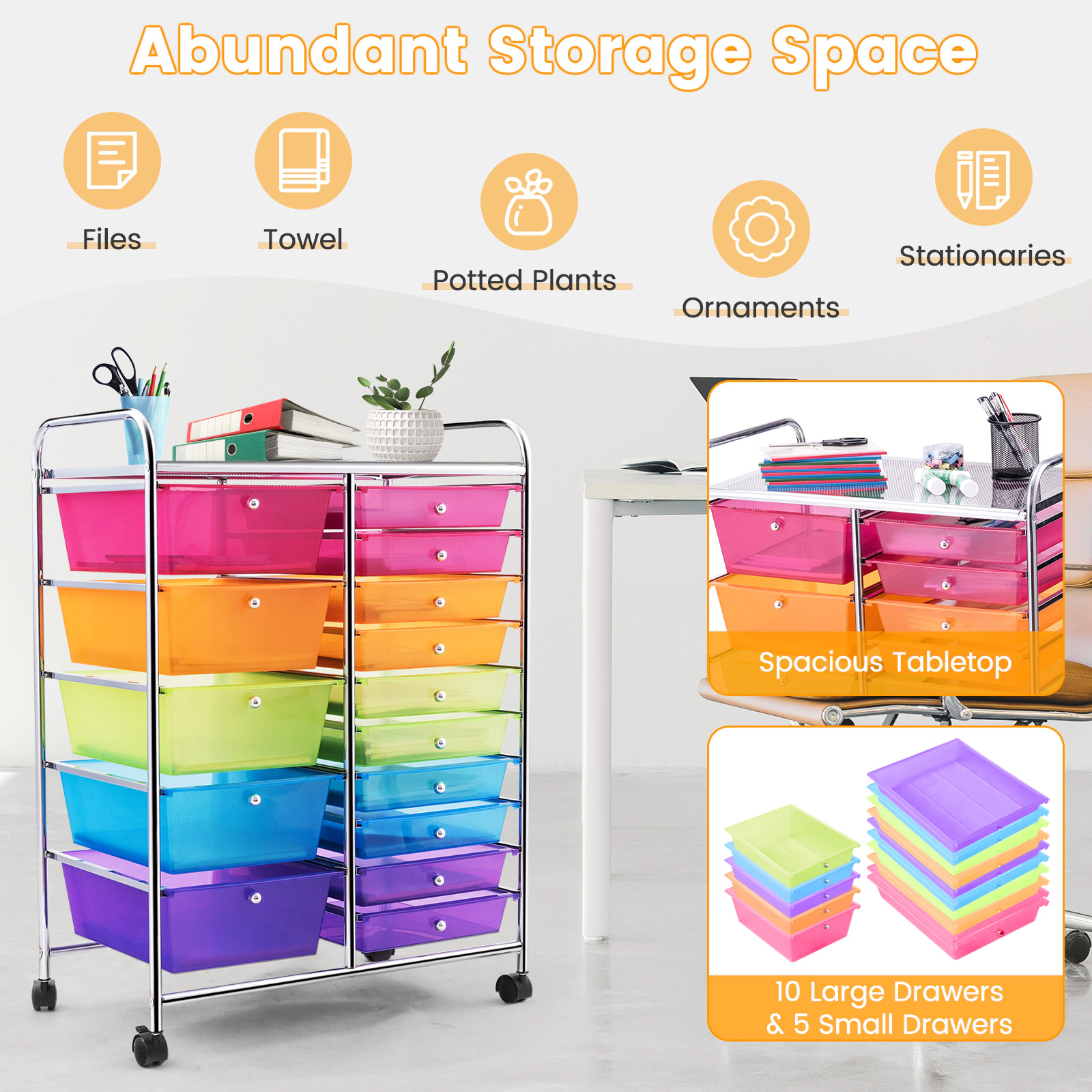 SUGIFT 25-in Wide 15-Drawer Rolling Storage Cart Utility Organizer with Locking Wheels and Removable Drawers