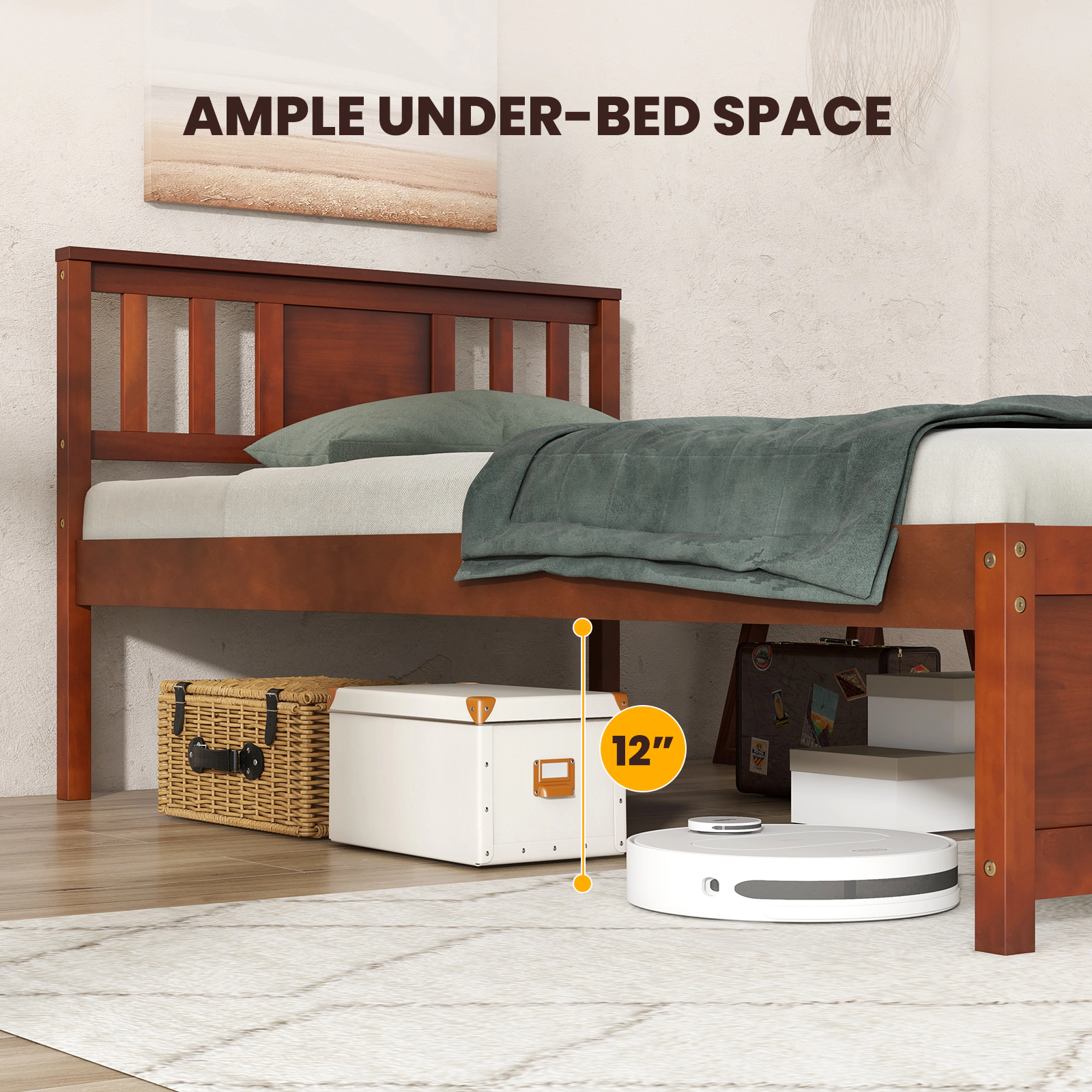SUGIFT Wooden Twin Platform Bed Frame with Headboard and Slat Support 440-lb Capacity 79.5-in Frame Walnut Finish