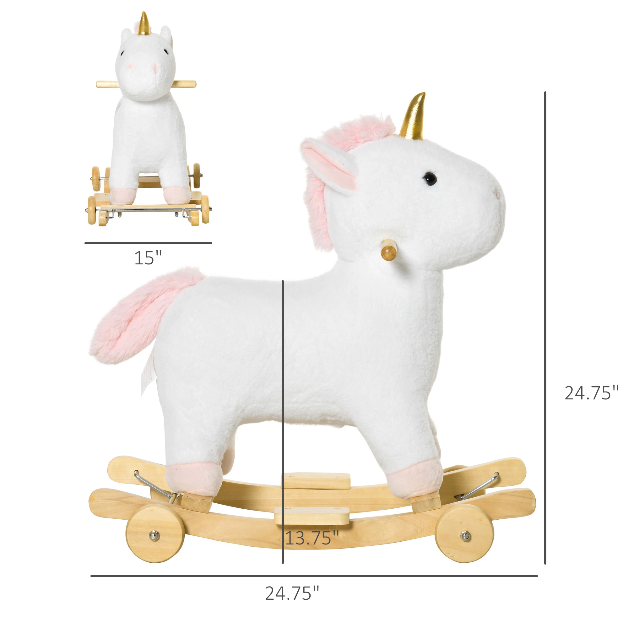 HONGGE White 2-in-1 Rock and Roll Unicorn Ride-On Toy with Wooden Base and Sound for Kids Ages 3-6