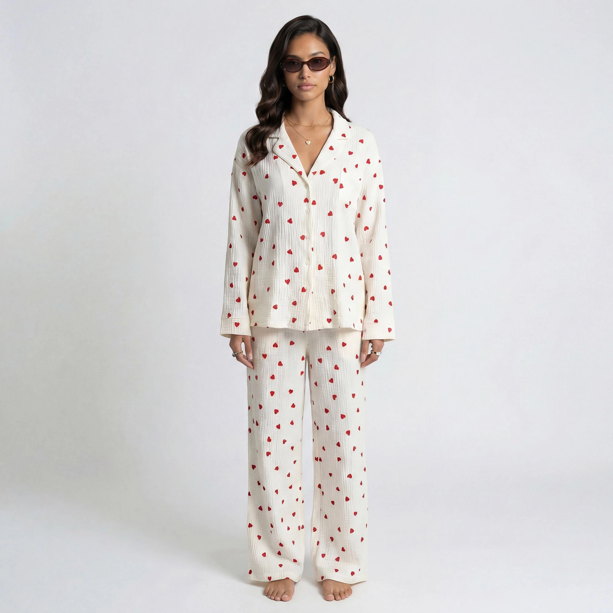 Anna-Kaci Women's Button Up Valentine Pajama Set with Heart Print and Notched Collar