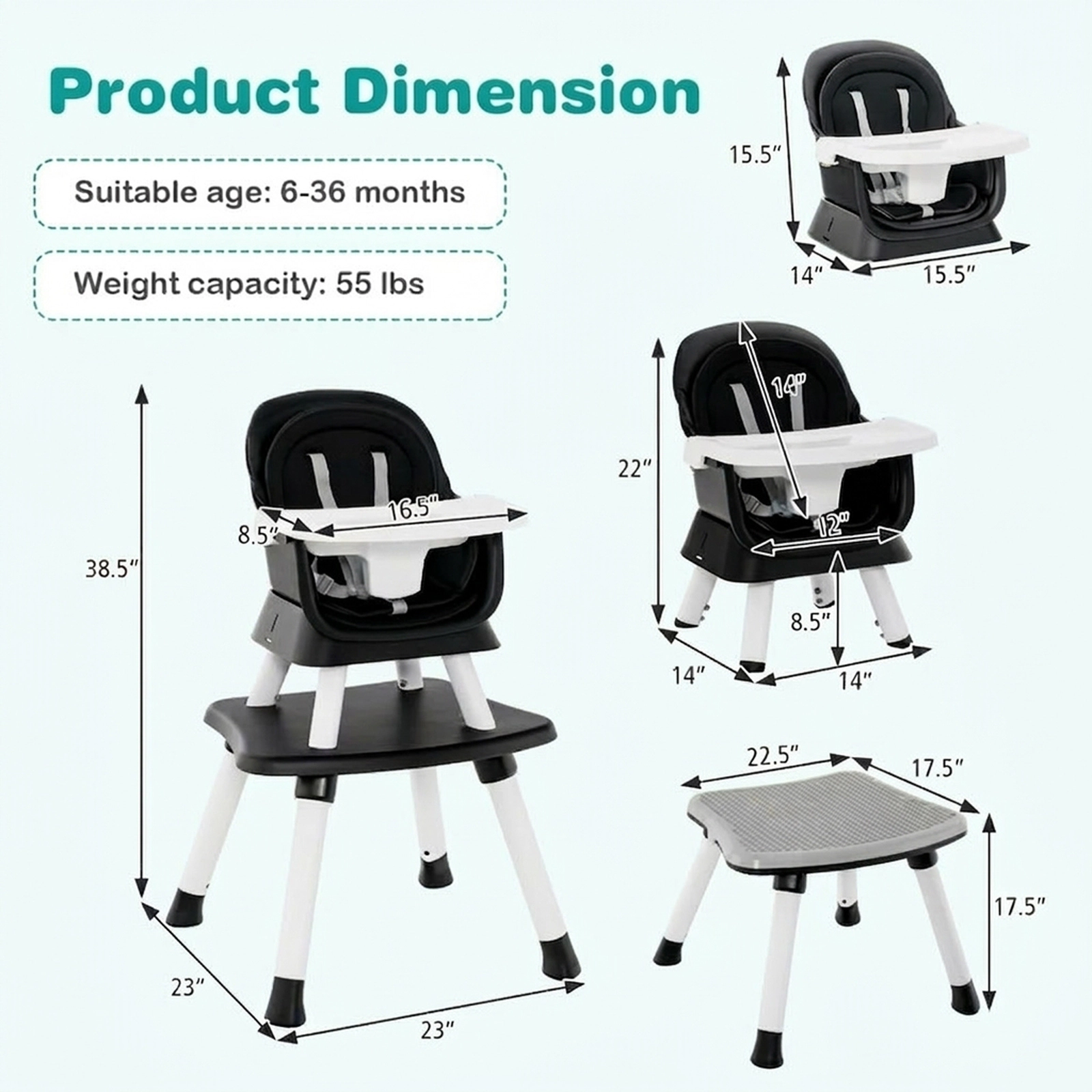 SUGIFT 6-in-1 Convertible Baby High Chair with Adjustable Removable Tray 55-lb Capacity Ages 6-36 Months Black
