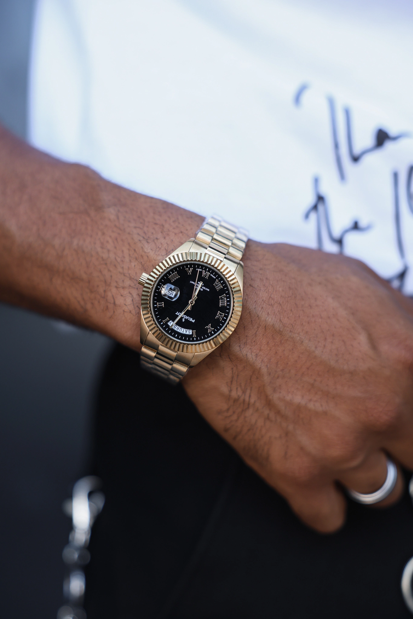 Peugeot Men's 40mm Black Face Fluted Bezel Gold Bracelet Watch