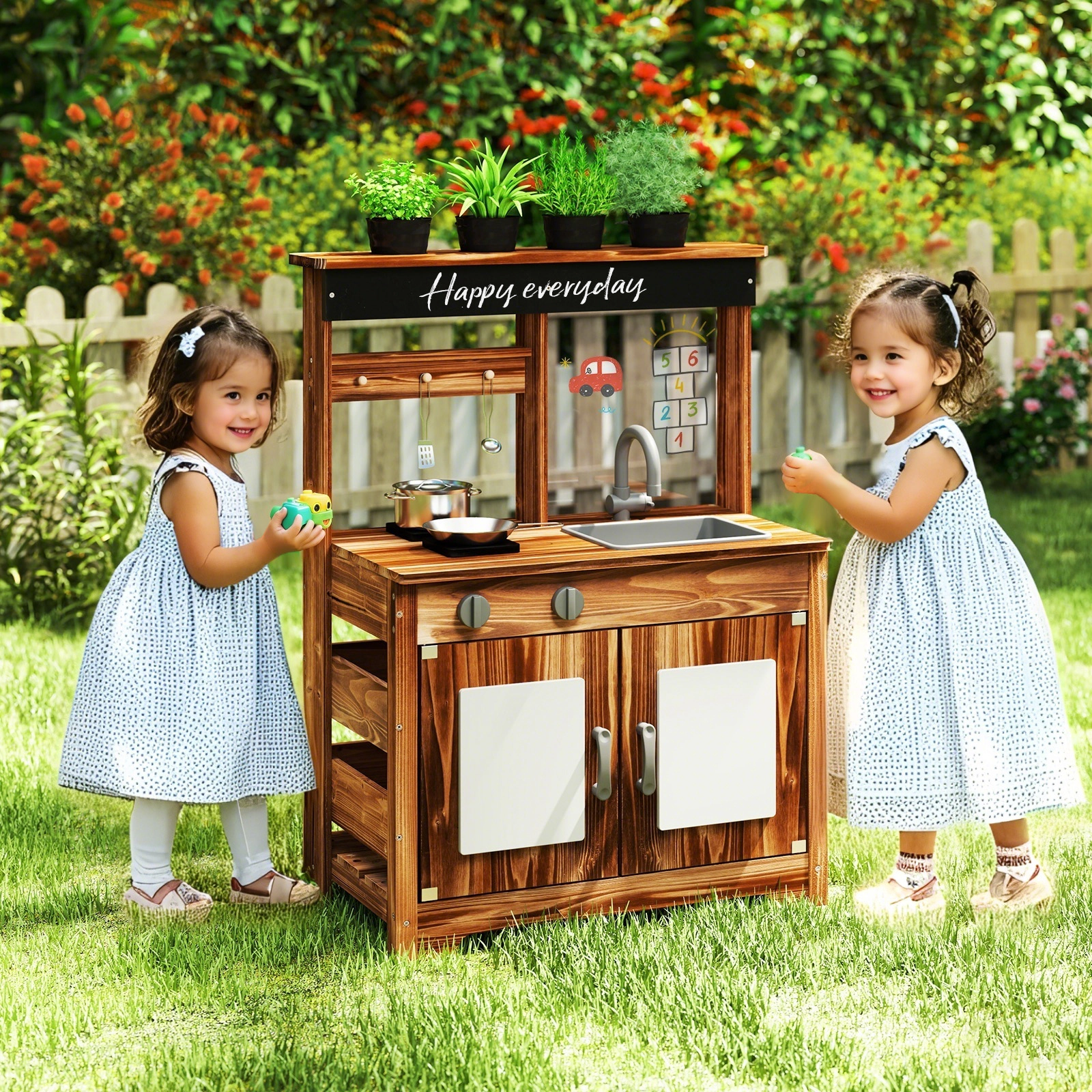 Fir Wood Mud Kitchen 4 Planting Pots DIY Acrylic Board Chalkboard Removable Sink 27-in Outdoor Kitchen Ages 3+ Natural