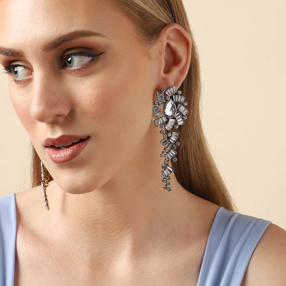 SOHI Women's Silver Embellished Drop Earrings
