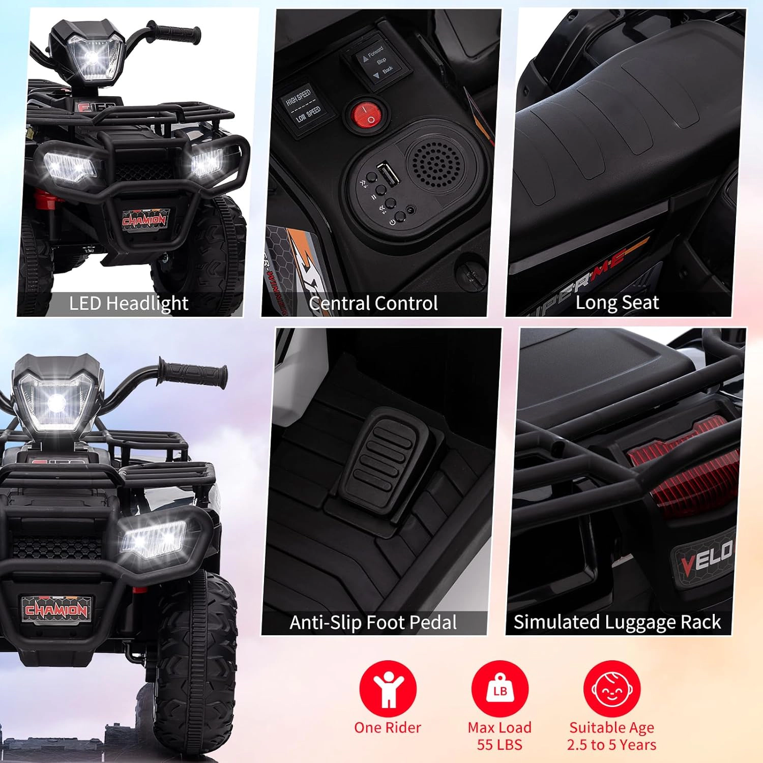 Enjyam 12V Kids Ride-On ATV for Toddlers, Electric 4-Wheel Vehicle with LED Lights, Music, USB, Safe 2.2mph