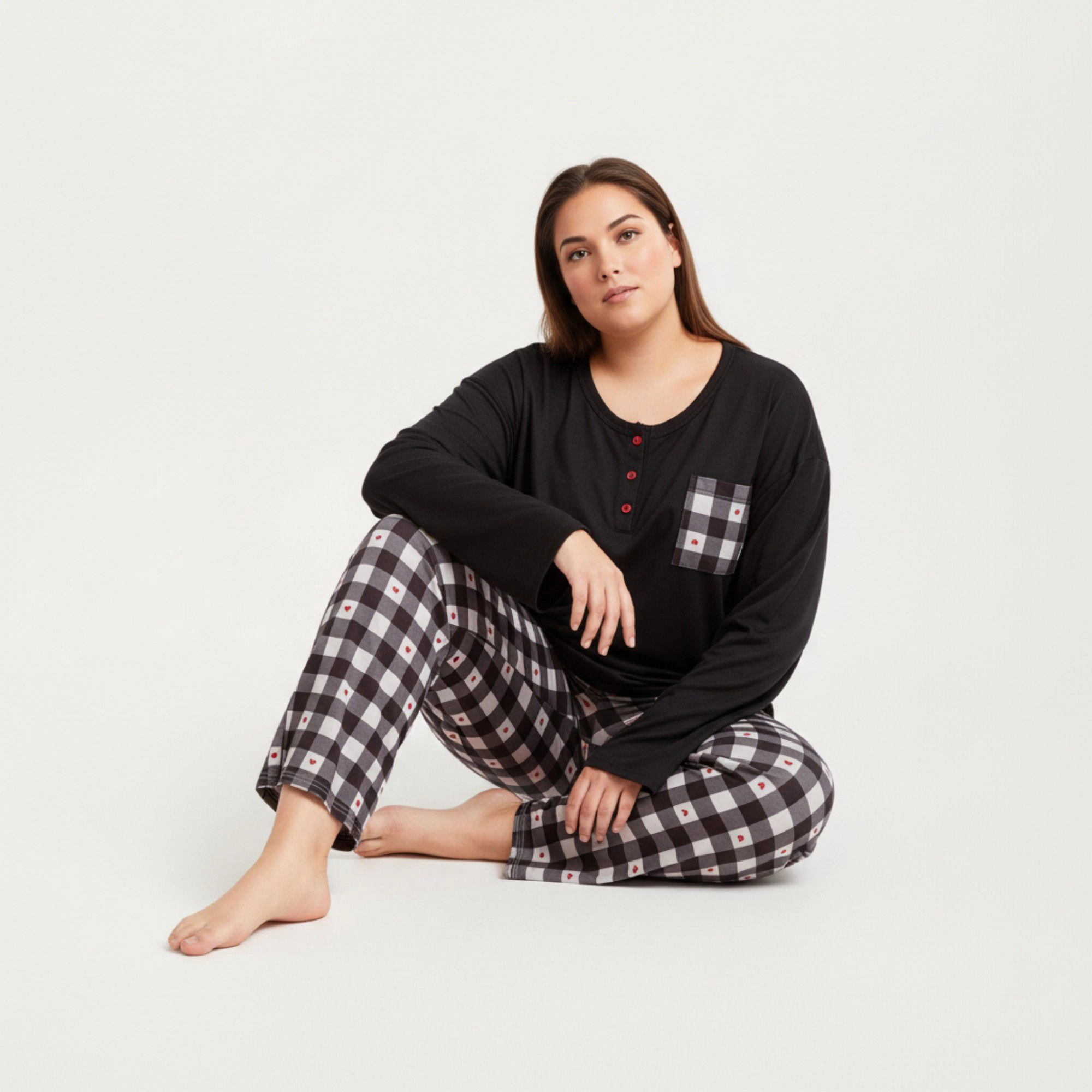 Anna-Kaci Women's 2-Piece Long Sleeve Henley Top and Plaid Pajama Pants with Soft Stretch Fabric Chest Pocket Detail