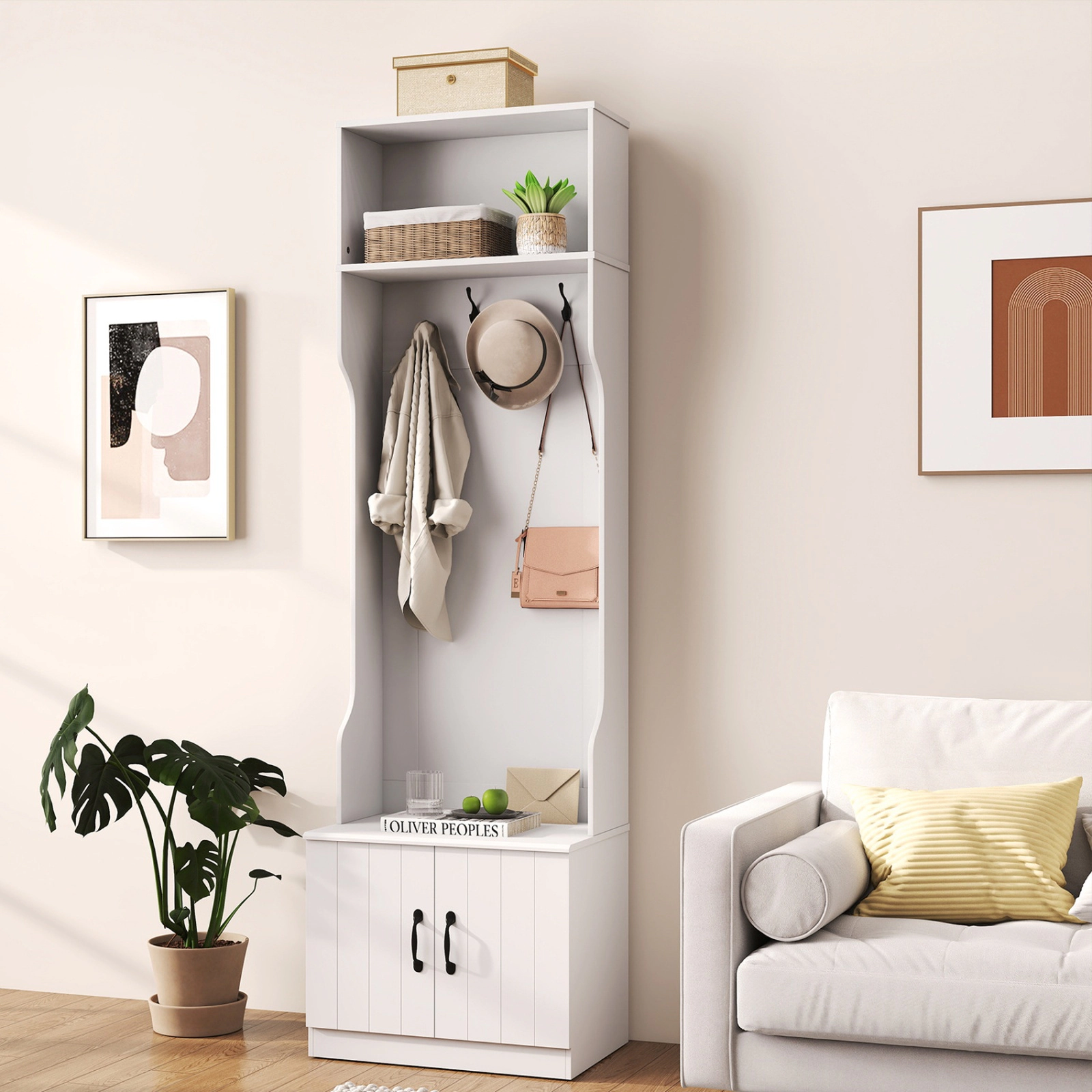 SUGIFT White 23.5-in Wide 3-in-1 Hall Tree with Bench Shoe Cabinet and 4 Double Hooks for Mudroom