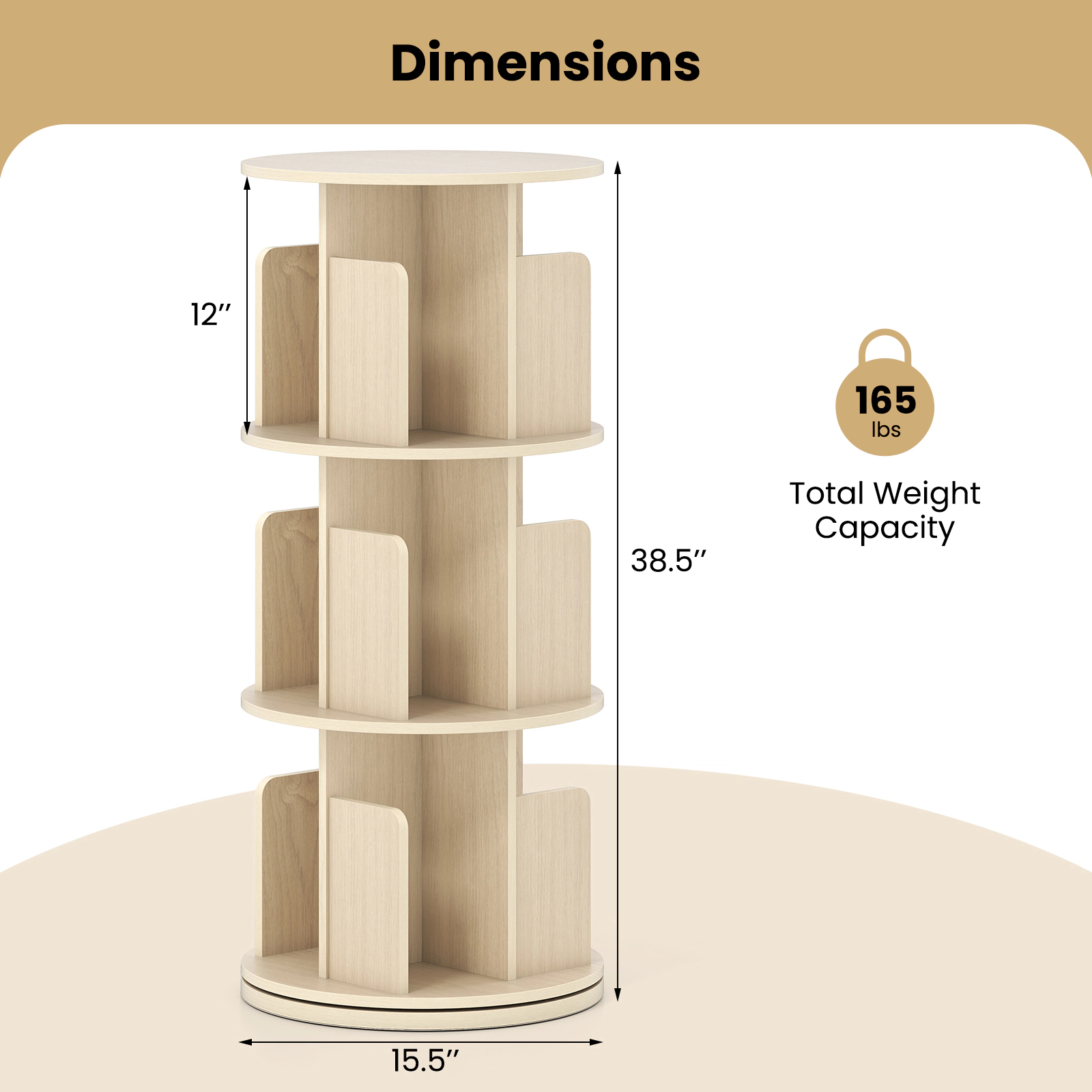 SUGIFT 3-Tier 38.5-in Rotating Bookshelf with 360-Degree Swivel Base Dividers and Anti-Falling Baffles