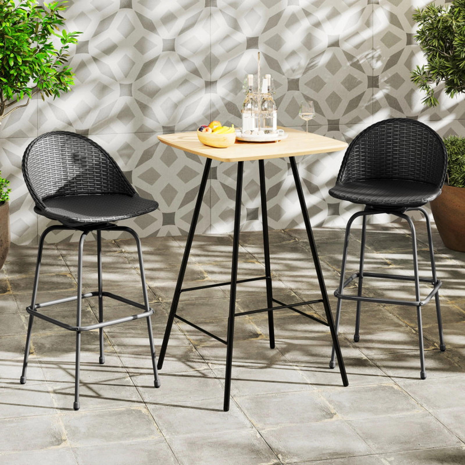 SUGIFT Set of 2 Brown PE Rattan Outdoor Swivel Bar Stools, 30-Inch Seat