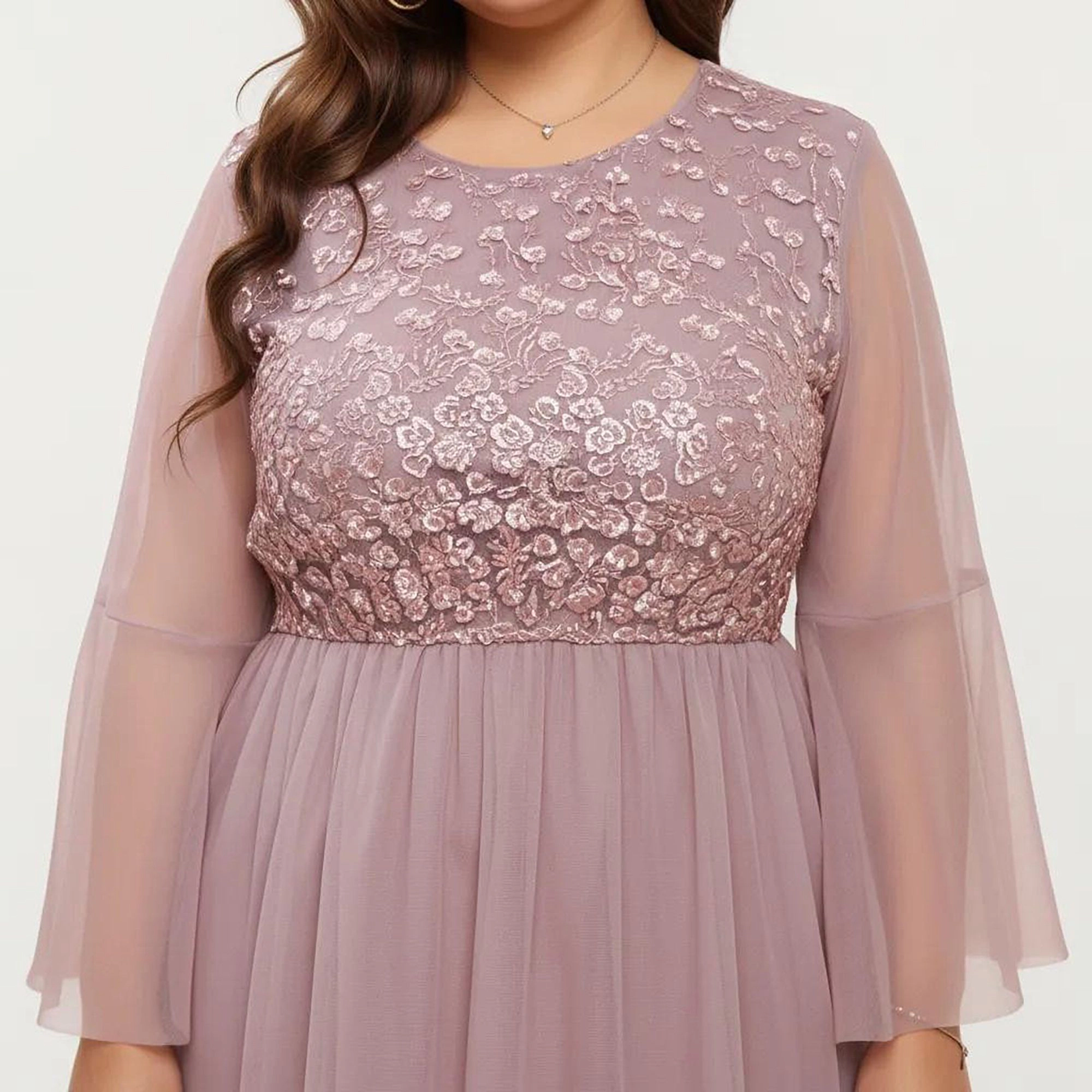 Anna-Kaci Women's Plus Long Sleeve Embroidered Mesh Flowy Skirt Defined Waist Midi Dress