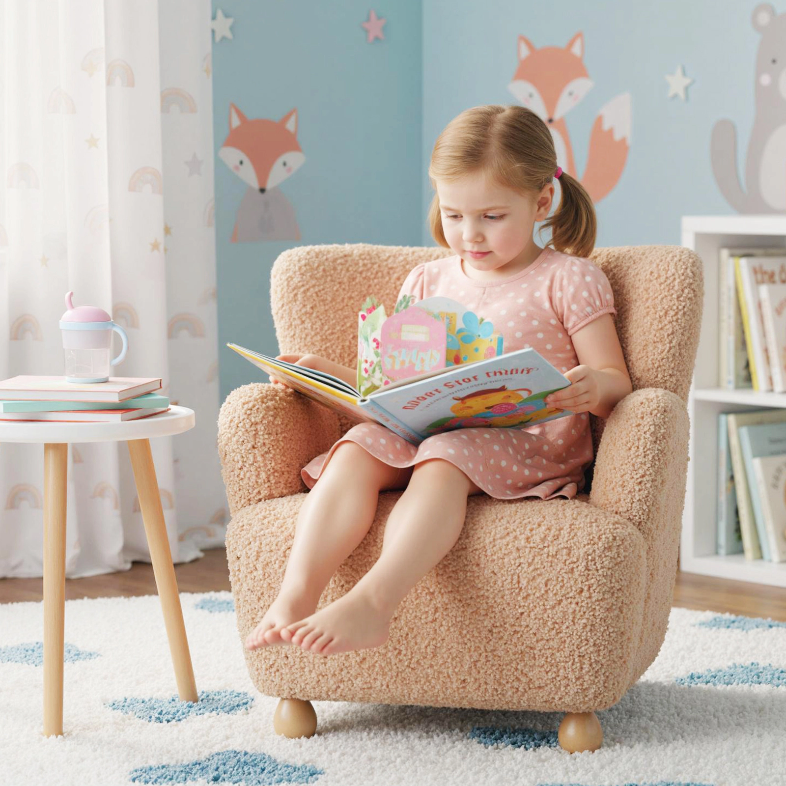 SUGIFT Light Pink Sherpa Kids Armchair with Rubber Wood Legs