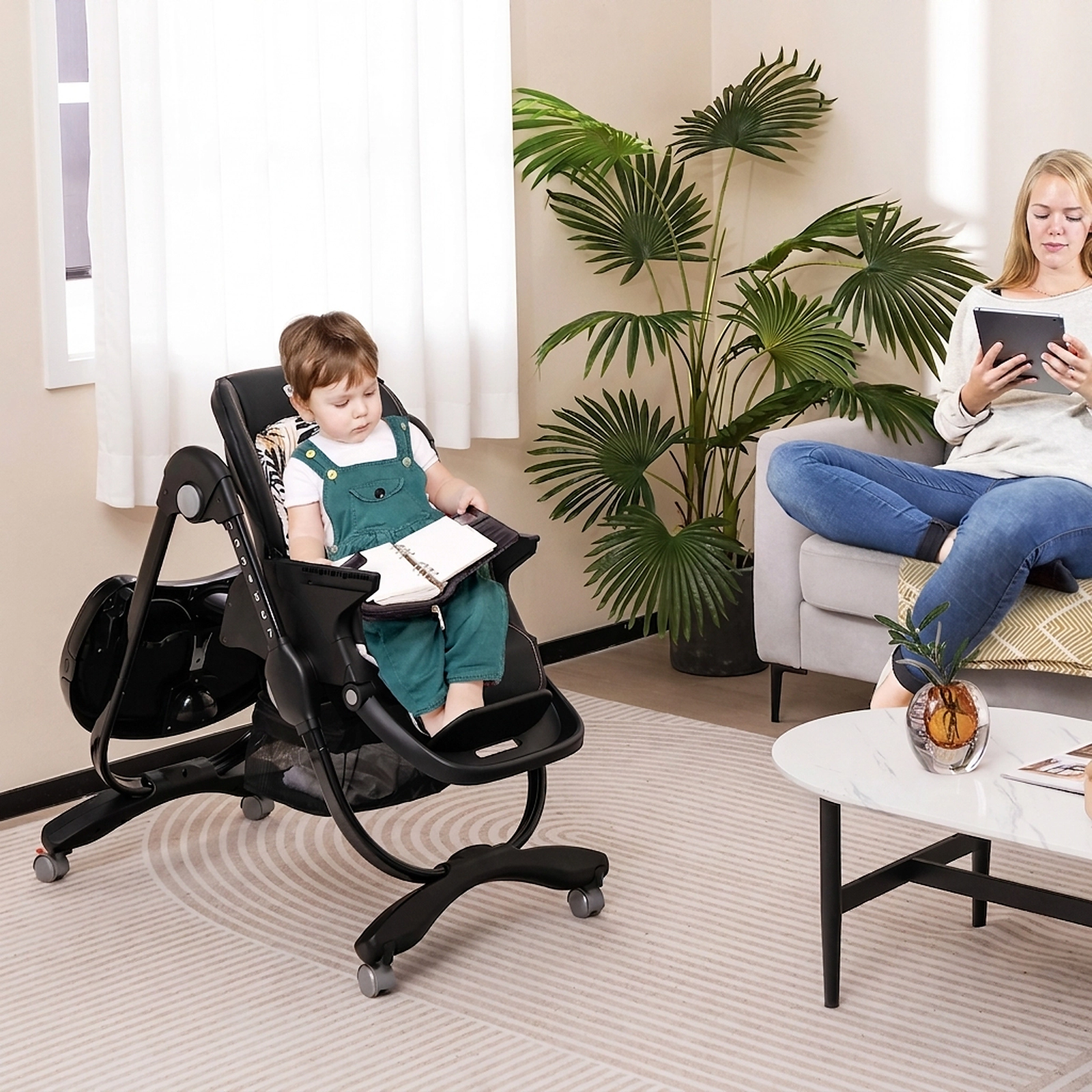 Multifunctional Folding Baby High Chair Lockable Swivel Wheels 7 Adjustable Heights Removable Cup-Slot Tray Black