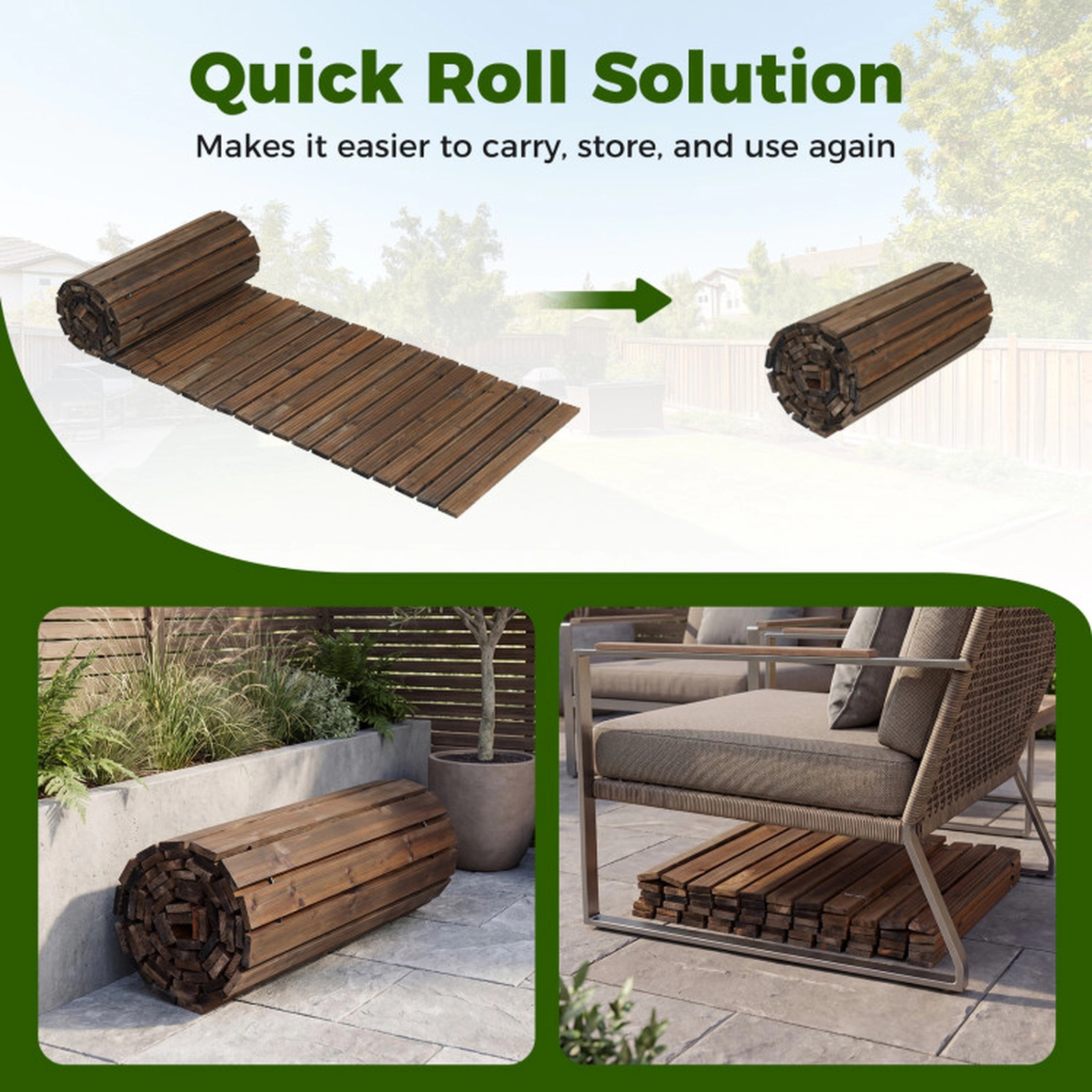 SUGIFT Brown Cedar Wood Roll Out Garden Pathway with Reinforced Wire Ropes 12-ft W 22-in D 0.6-in H
