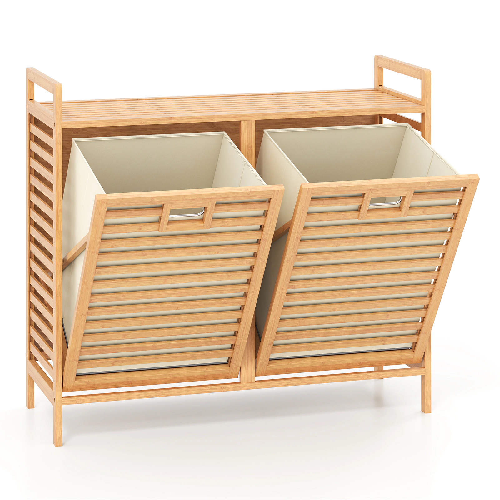 SUGIFT Natural Bamboo Double Tilt-Out Laundry Hamper with 2 Removable 10-gal Bins and Top Shelf
