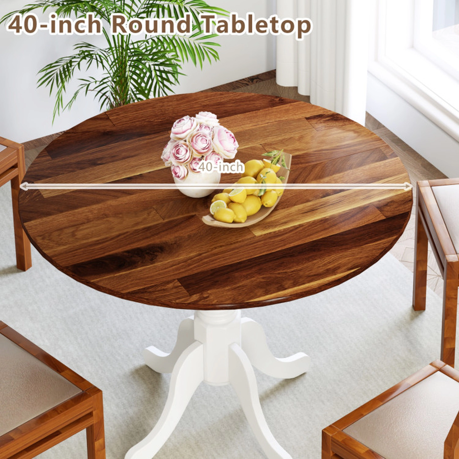 SUGIFT 39-in Round Wood Dining Table for 4, Curved Trestle Base, Adjustable Feet