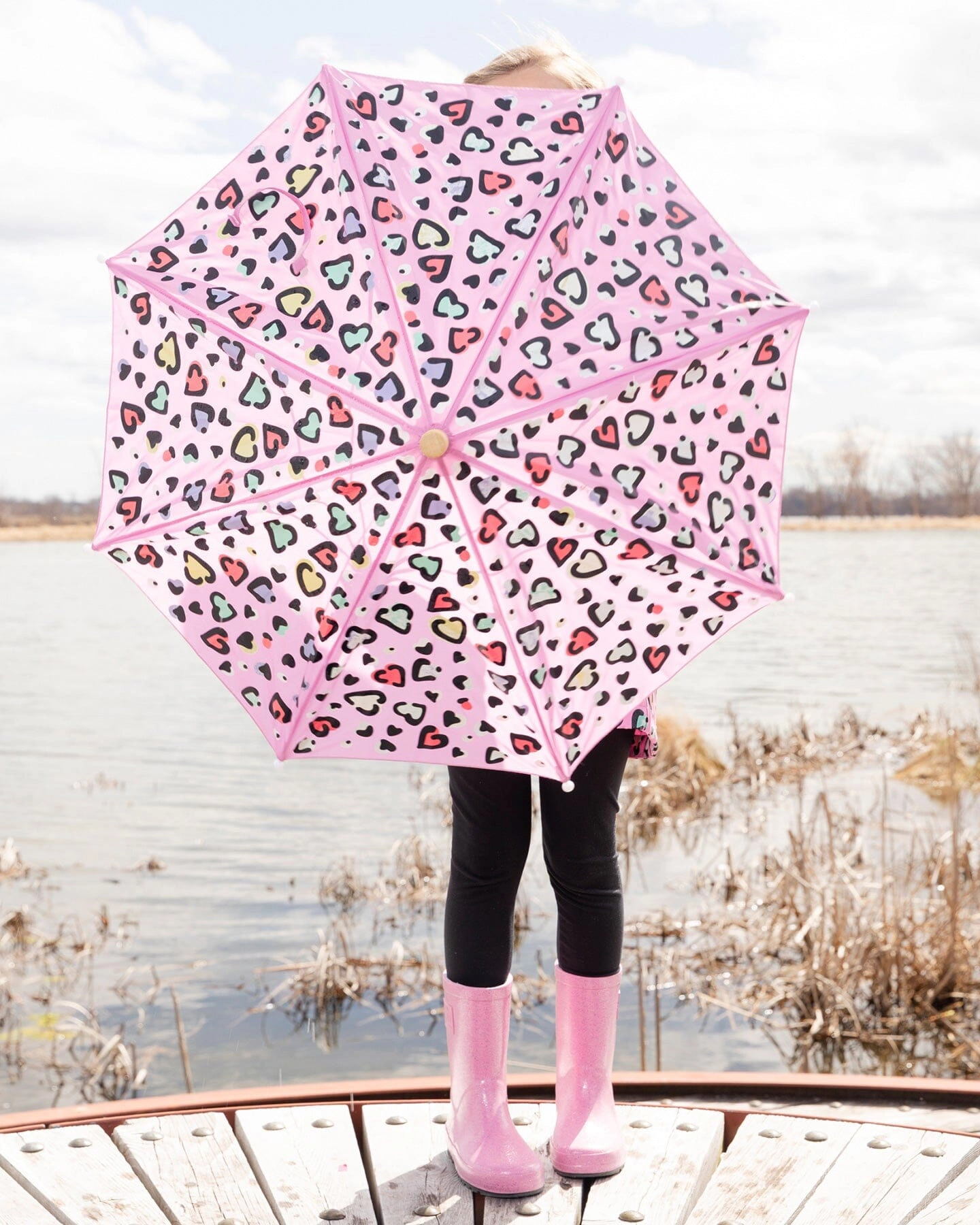 Deux par Deux Girls Color-Changing Umbrella Hearts Print