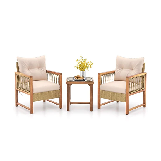 Hivvago 3 Pieces Patio Furniture Set With Acacia Wood Frame Cushions-Brown