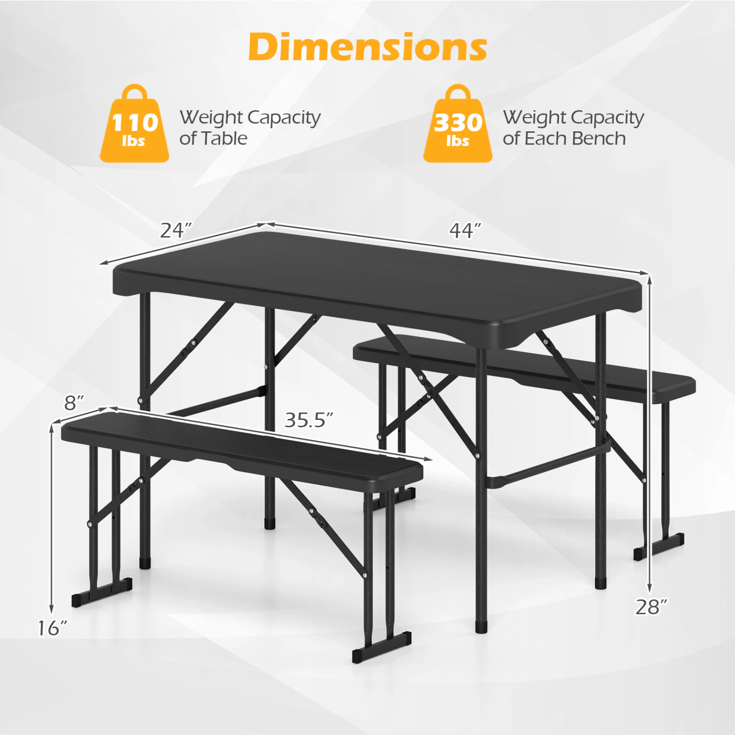 LJG Outdoor Folding Table Bench Set w All-Weather HDPE Tabletop and Sturdy Metal Frame
