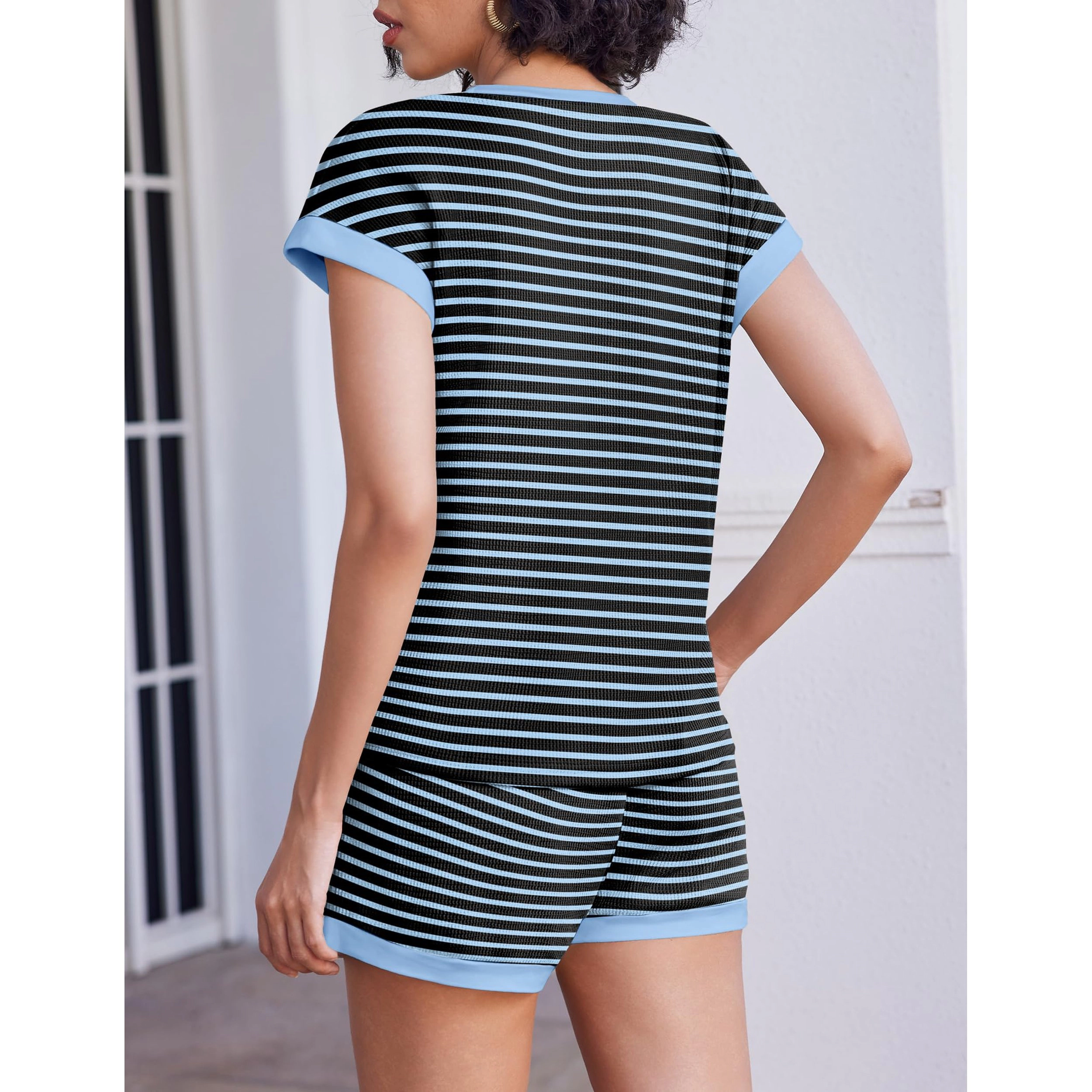 Ekouaer 2 Piece Sets for Women Summer Outfits Cute Stripe Knit T Shirts Shorts Matching Lounge Set