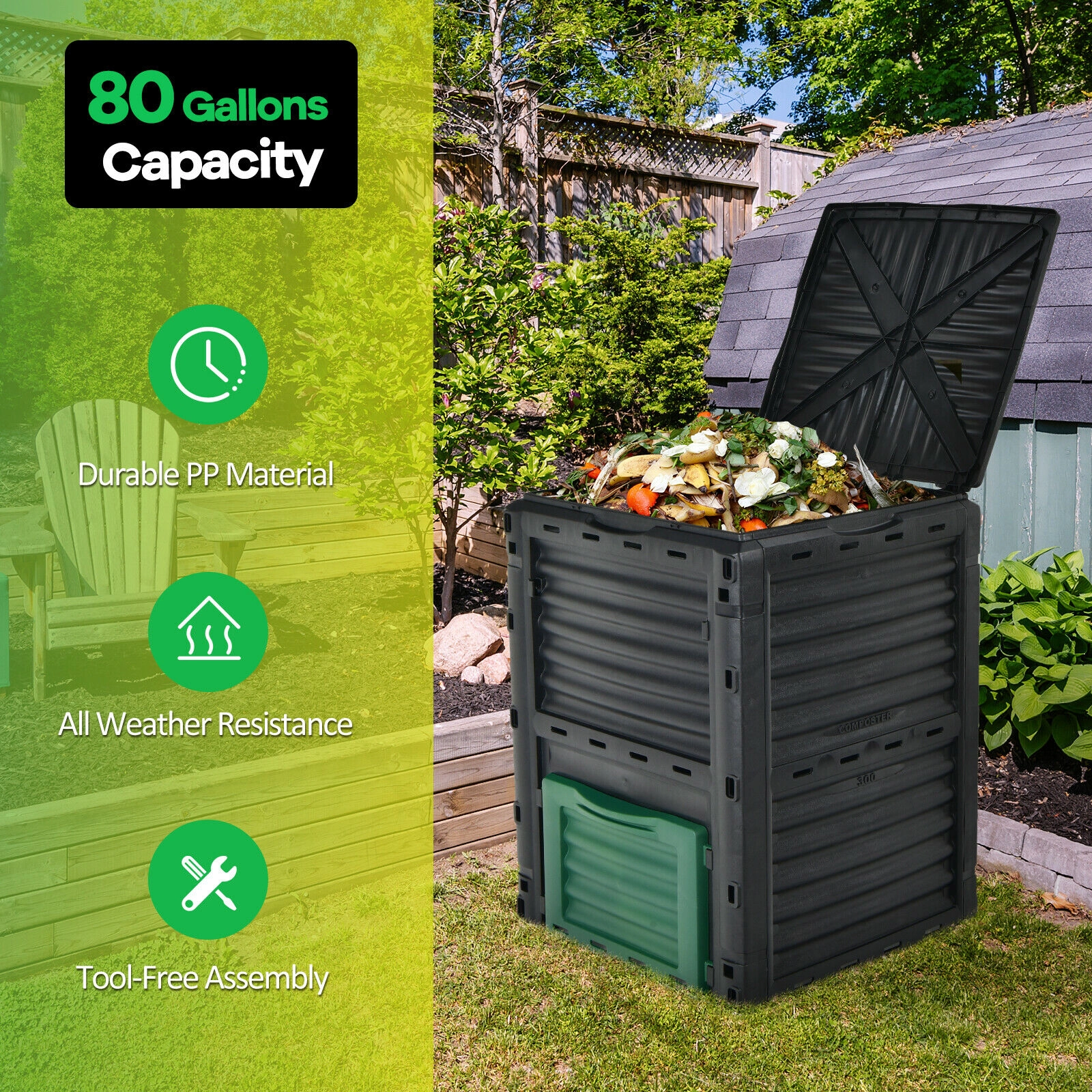 SUGIFT 80-Gal Openable Lid Bottom Exit Door Air-Vented Outdoor Composter Bin 23.5-in x 23-in x 32-in Green