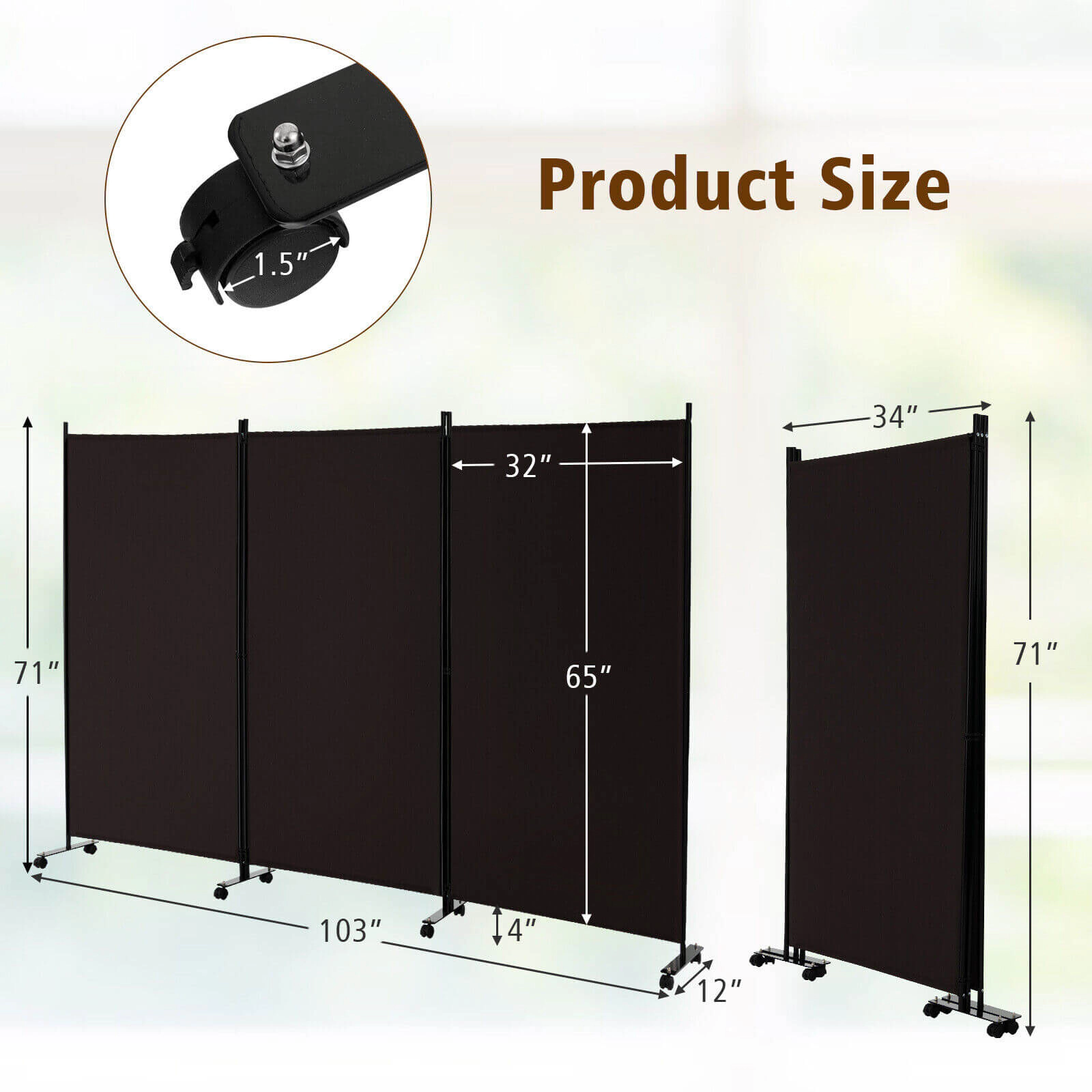SUGIFT 3-Panel Folding Room Divider with Lockable Wheels Brown Metal Frame Polyester Fabric