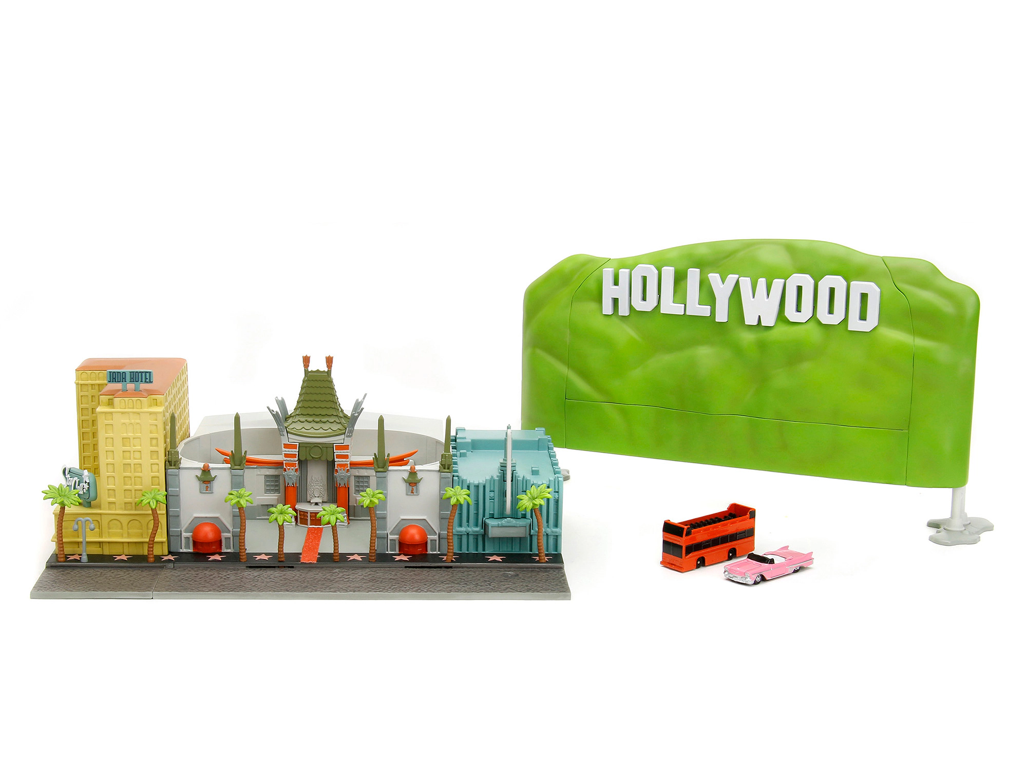 Jada "Hollywood 100" Walk of Fame Diorama with Pink Convertible and Double-Decker Bus "Nano Scene" Series model by Jada