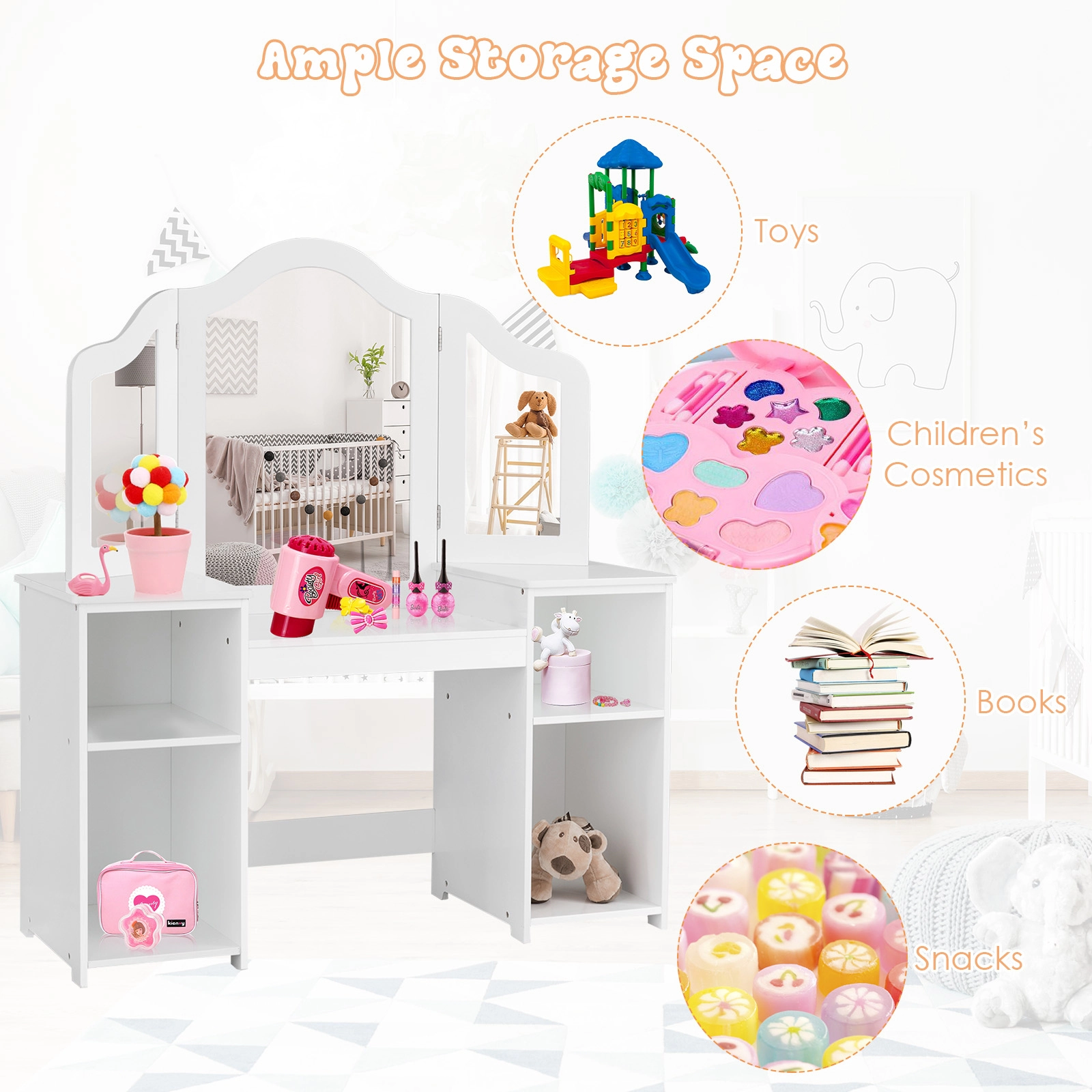 SUGIFT White Tri-Folding Mirror 4 Storage Compartments and Stool Kids Vanity Table Set