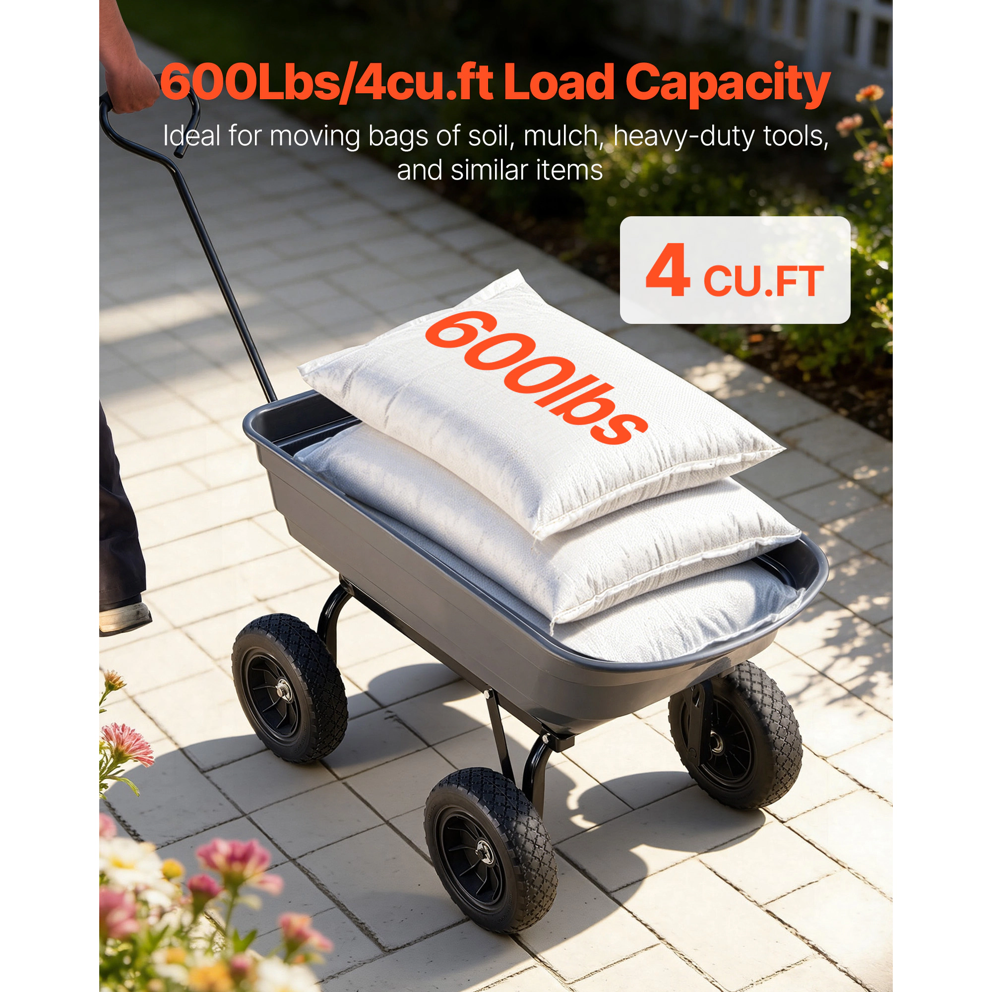 HONGGE Garden Dump Cart Poly Dump Cart Garden Carts Dumps Wagon with 90° Quick-Dumps Mechanism 180° Swivel Wheels 270°