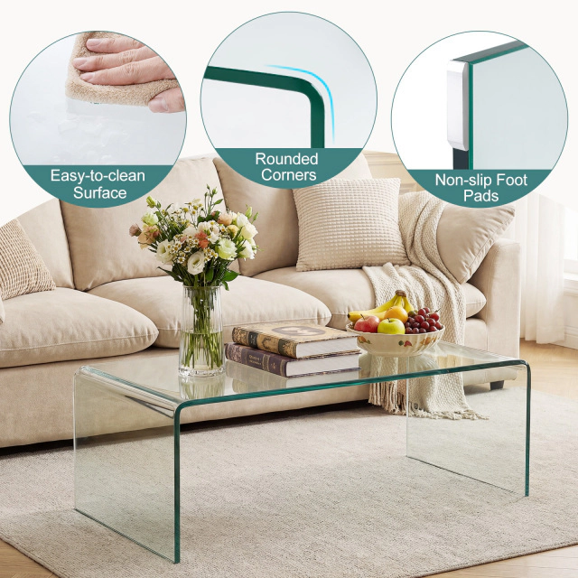 Glintex 42.5-Inch Clear Tempered Glass Coffee Table with Rounded Edges, Transparent