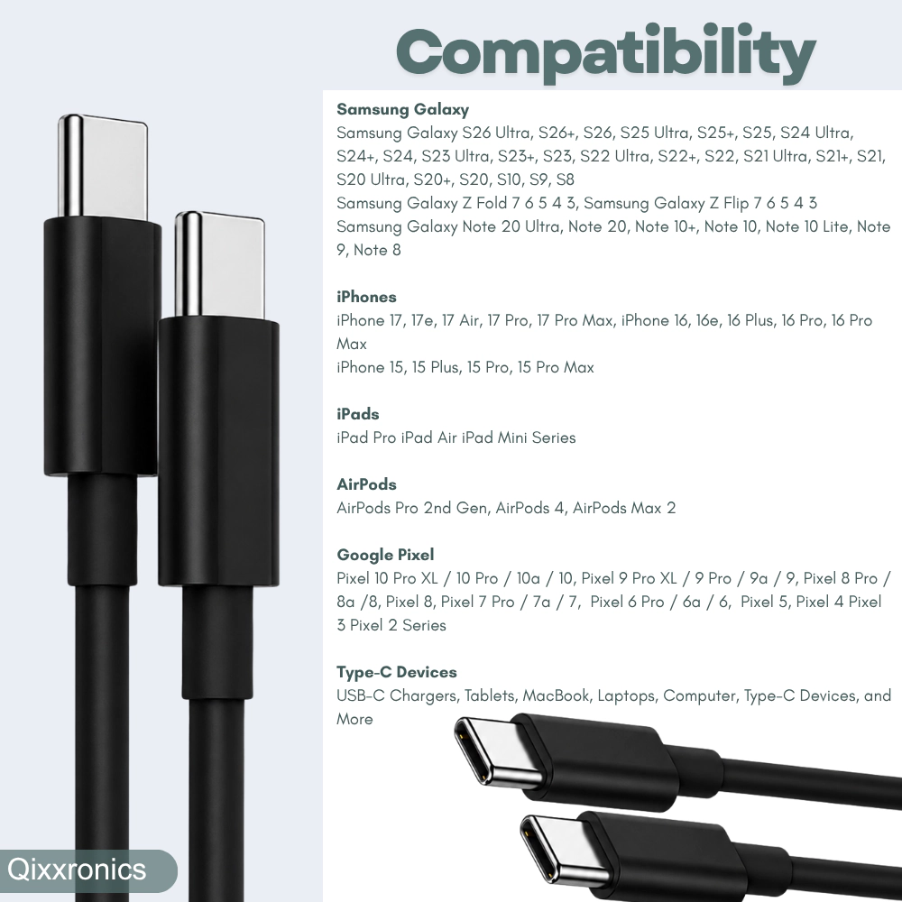 Qixxronics 4PCS USB-C to Cable 6FT, Charging for iPhone 16 E/17/Air/15/Pro/Plus/Pro Max, MacBook, iPad Pro/Air