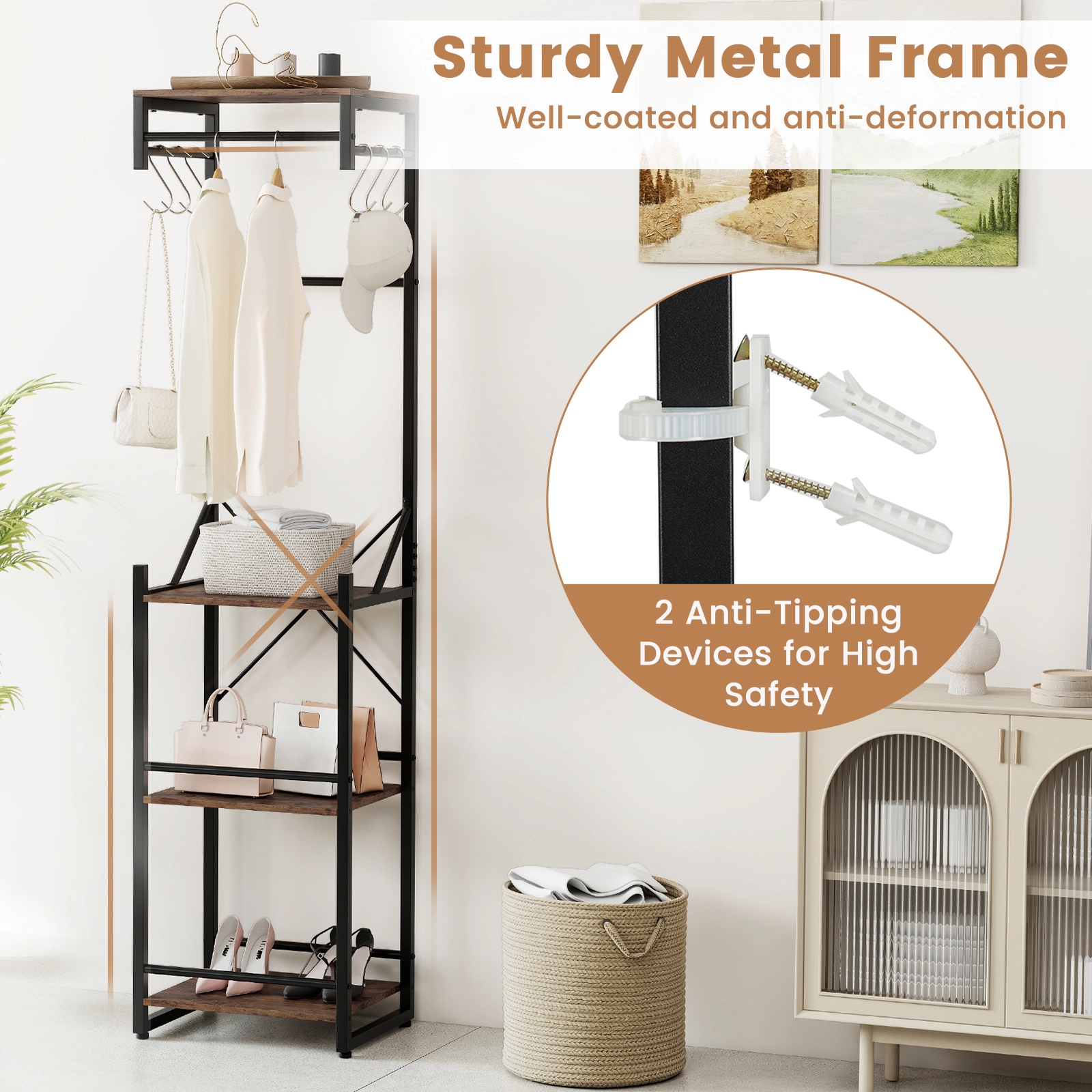 SUGIFT Freestanding Coat Rack 4 Storage Shelves 3 Hanging Rods & 6 Hooks 22-lb Top Shelf 33-lb Bottom Shelves Rustic