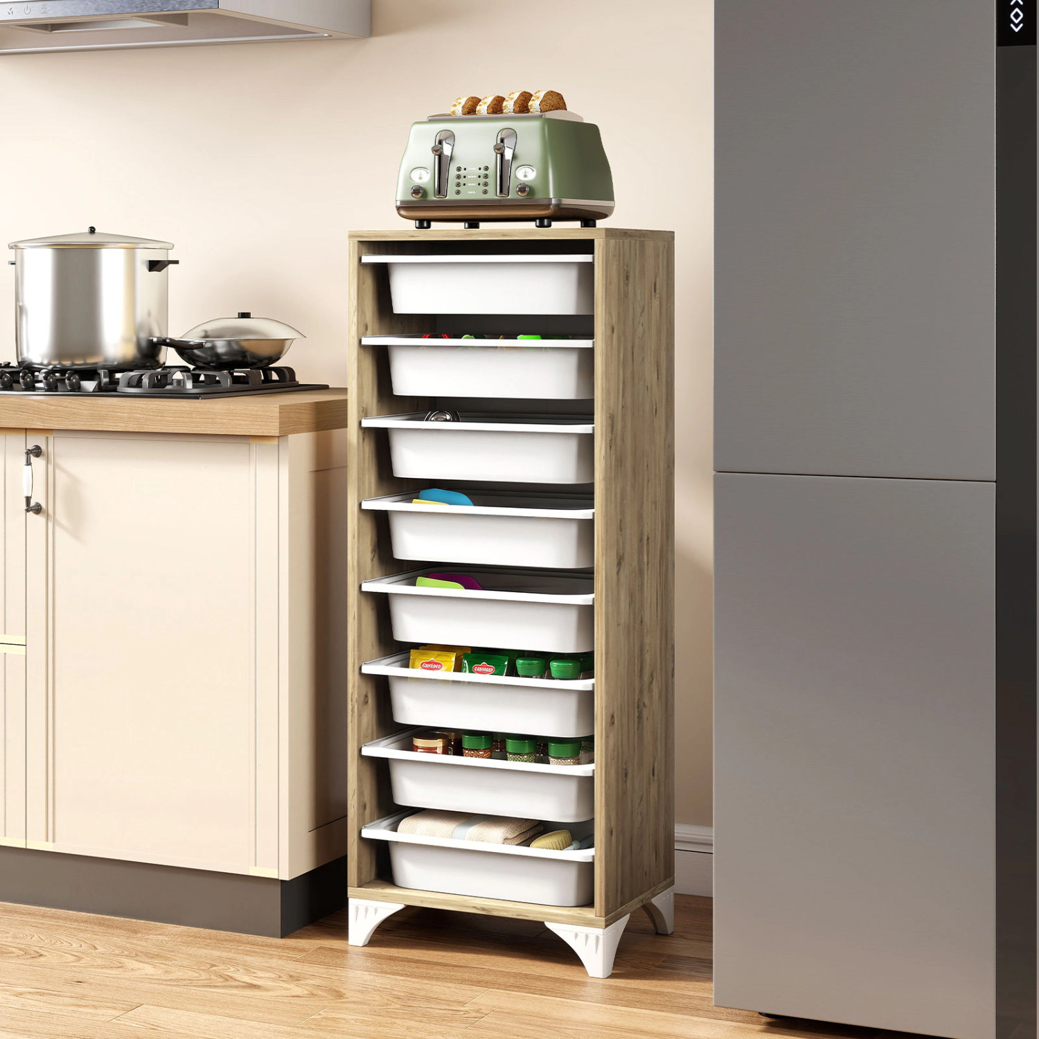 Glintex 46-Inch 9-Tier Pantry Rack with 8 Slide-Out Baskets, Oak & White