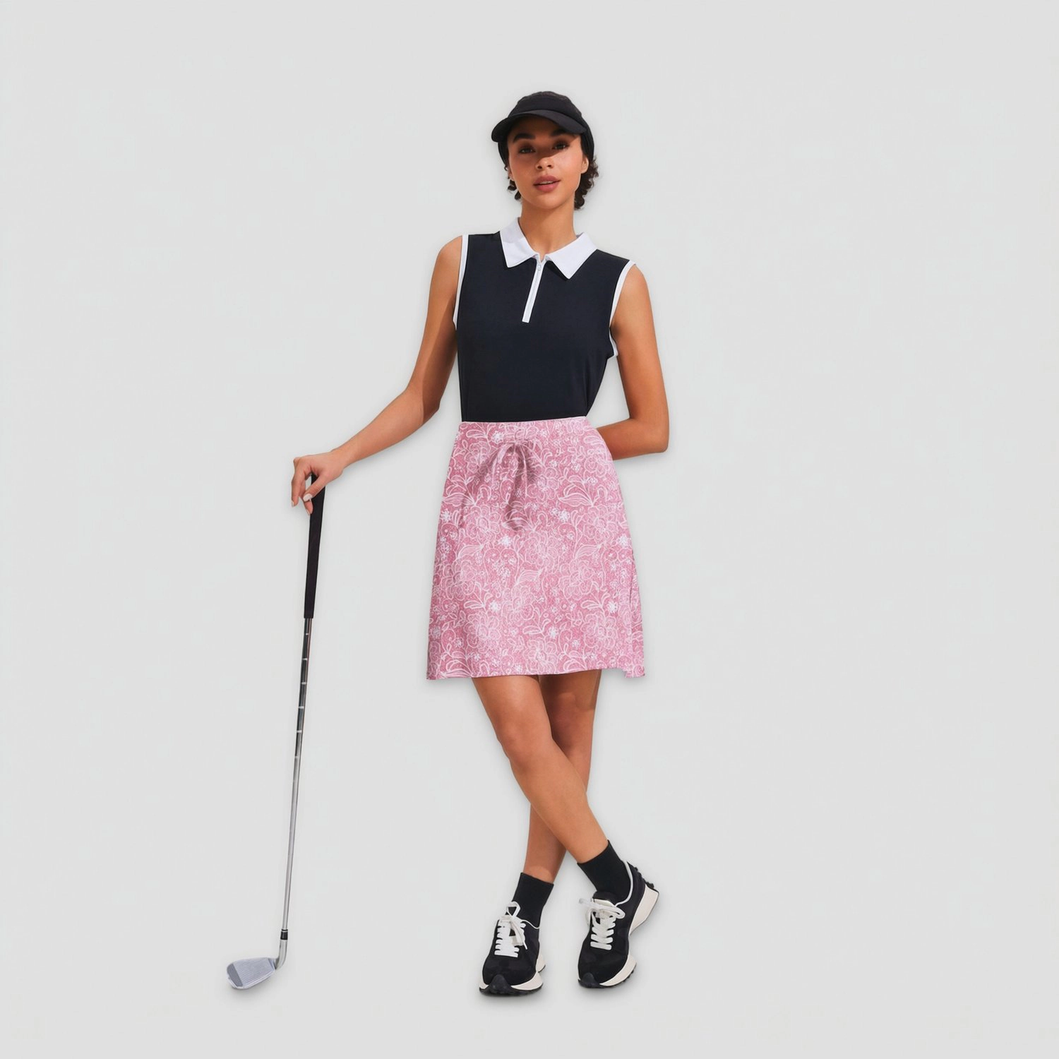 Pinspark Womens Cute Pink Floral A-Line Skirts Tie Waist Casual Golf Summer Skirt