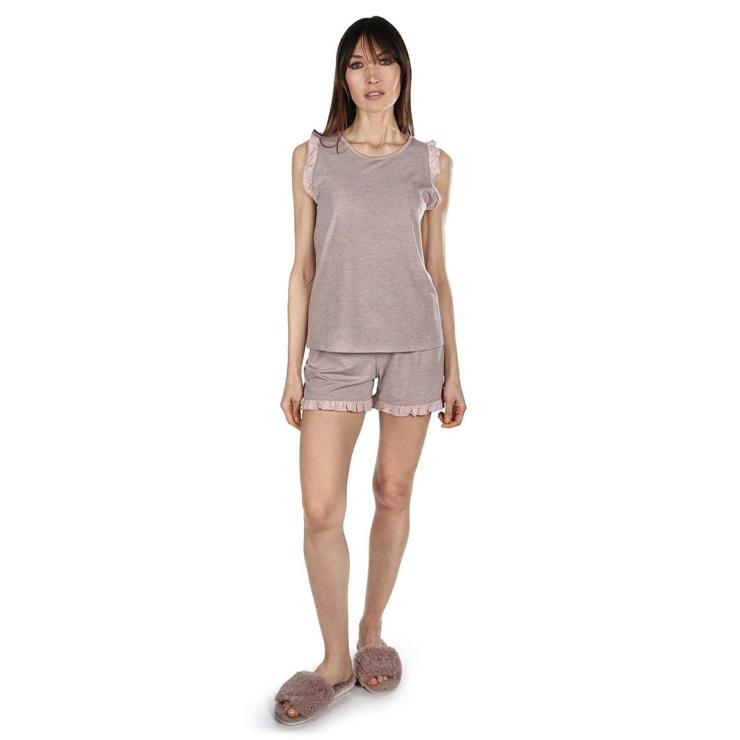 MeMoi Women's Contrast Ruffle Trim Modal Top and Shorts Set
