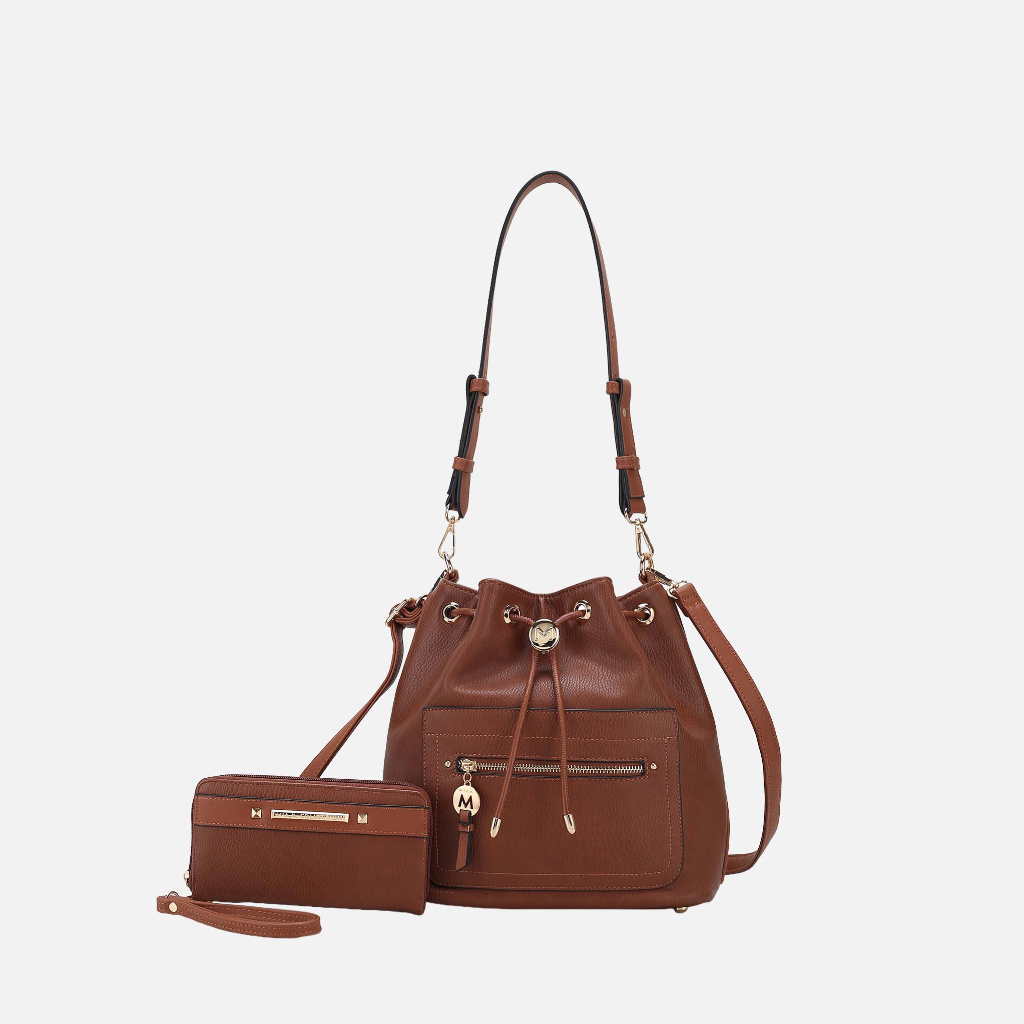 Mia K Collection Larissa Pebbled Vegan Leather Bucket Bag with Matching Wallet