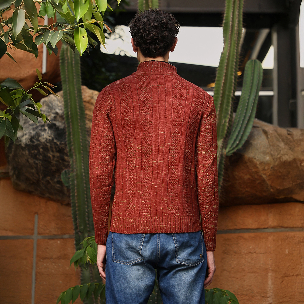 Cahoot Heathered Cable-Knit Sweater - Stand Collar, Long Sleeve, Brown
