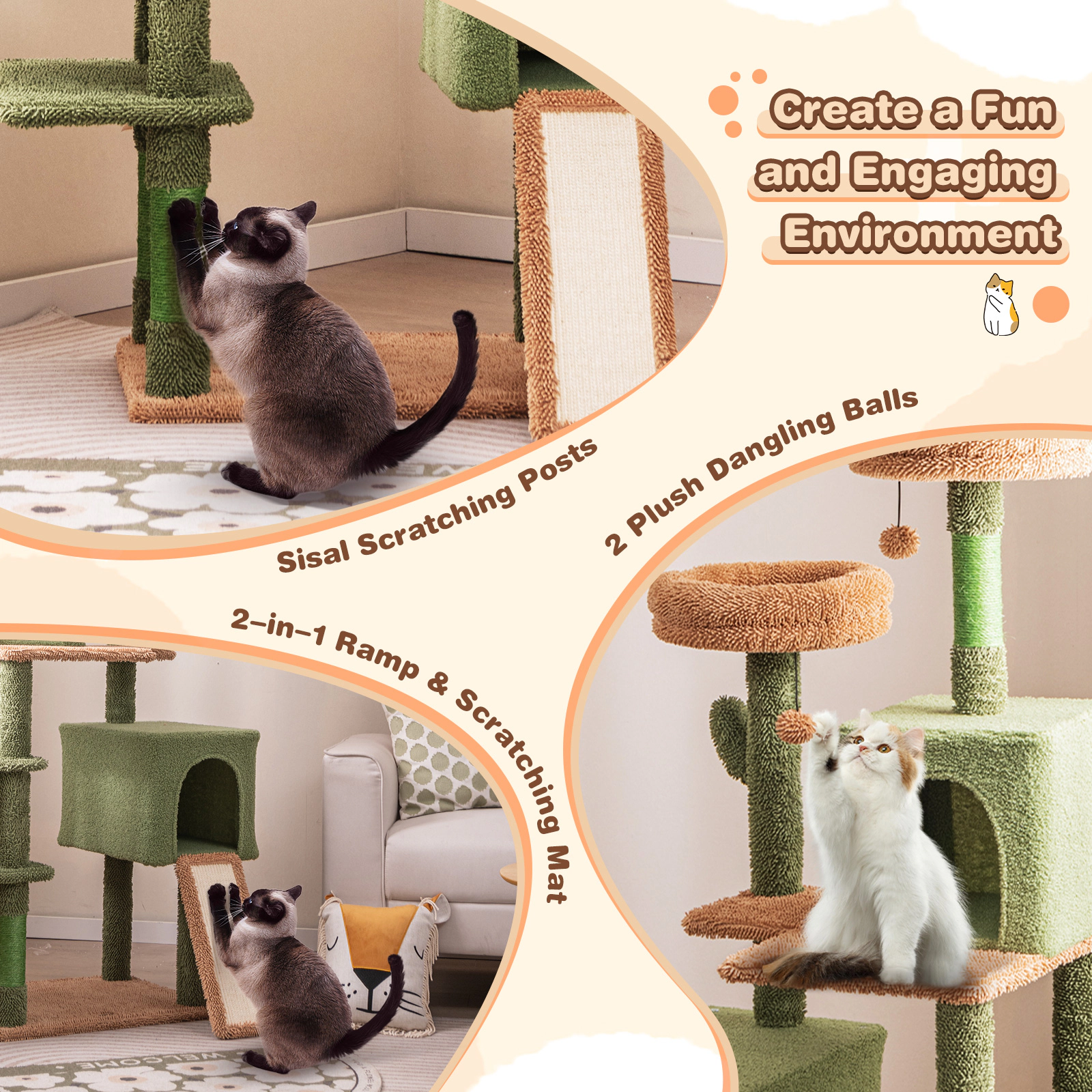 SUGIFT Multi-level Cactus Cat Tree with Scratching Posts Ladder Double Condos and Toys Bed 33-lb Capacity Green + Brown