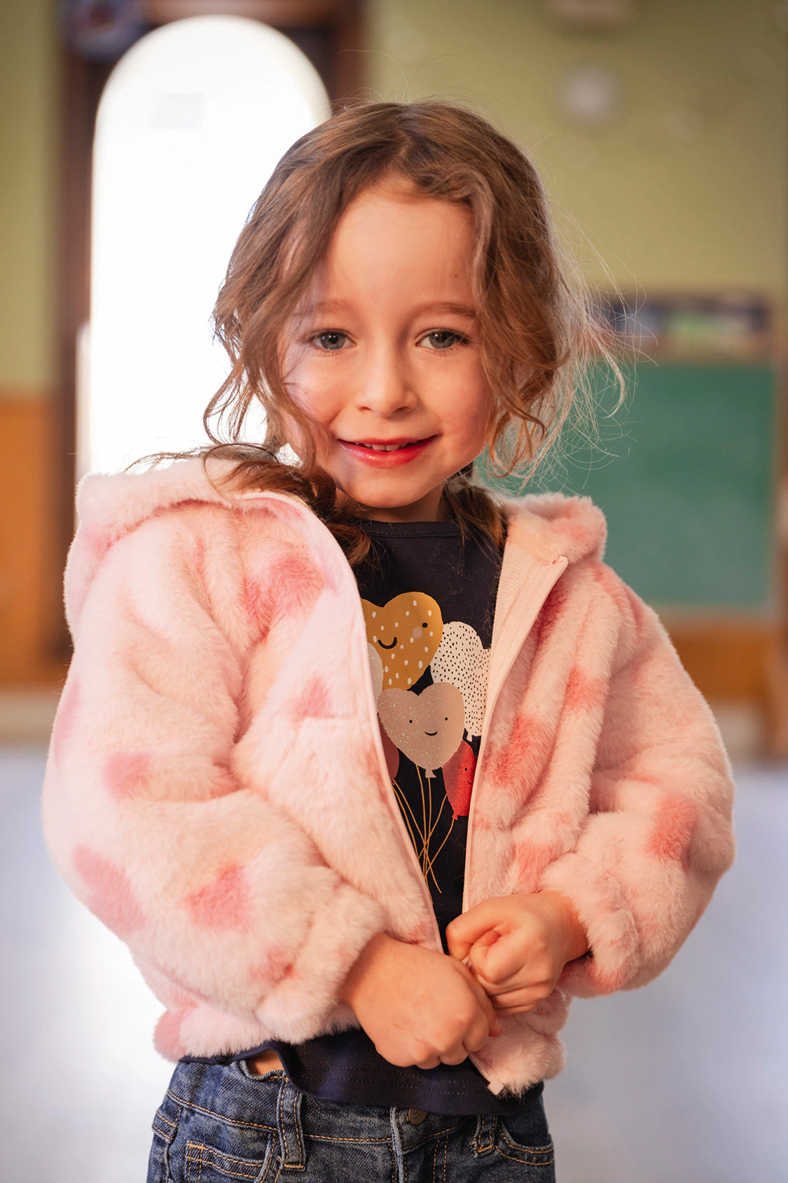 Deux par Girls Heart Jacquard Hooded Full Zip Faux Fur Jacket