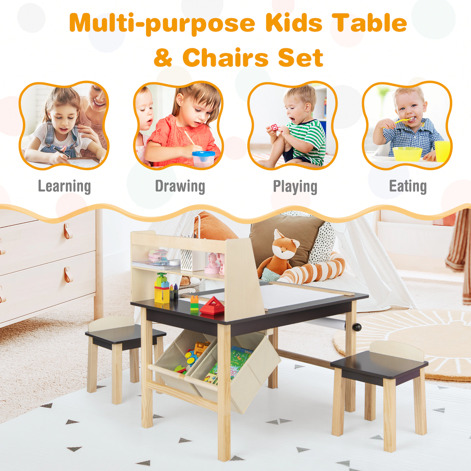 SUGIFT Kids Art Table and 2 Chairs Set Coffee with Paper Roll and Storage Bins