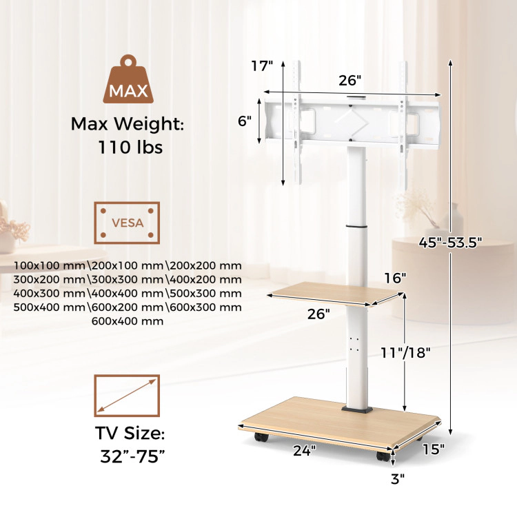 Hivvago Rolling Tv Stand On Wheels Mobile Tv Cart For 32-75 Inch Tvs Portable Av Cart