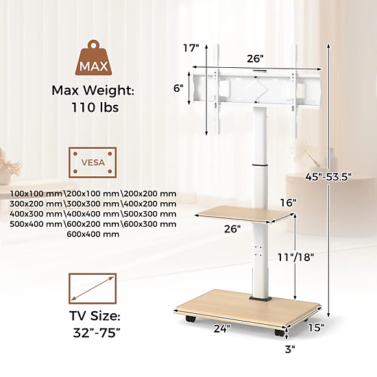 Hivvago Rolling Tv Stand On Wheels Mobile Tv Cart For 32-75 Inch Tvs Portable Av Cart