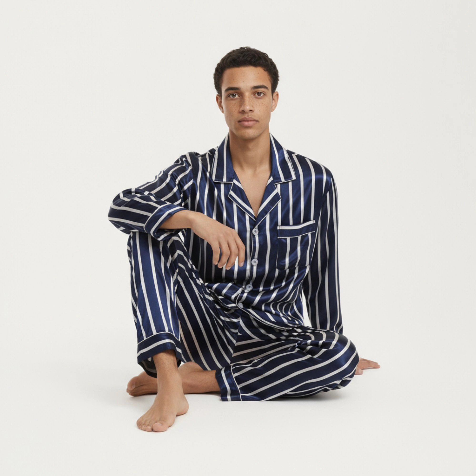 Anna-Kaci Men's 2-Piece Satin Pajamas with Vertical Stripe Pattern and Button Up Top