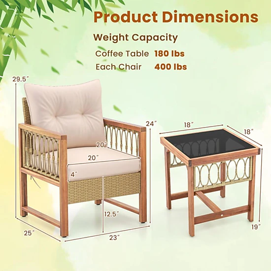 Hivvago 3 Pieces Patio Furniture Set With Acacia Wood Frame Cushions-Brown